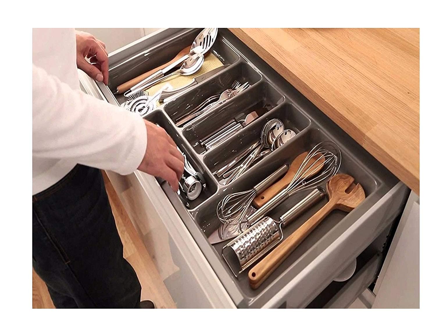 Plastic Cutlery Tray Grey for Kitchen Drawers Insert 420mm x 515