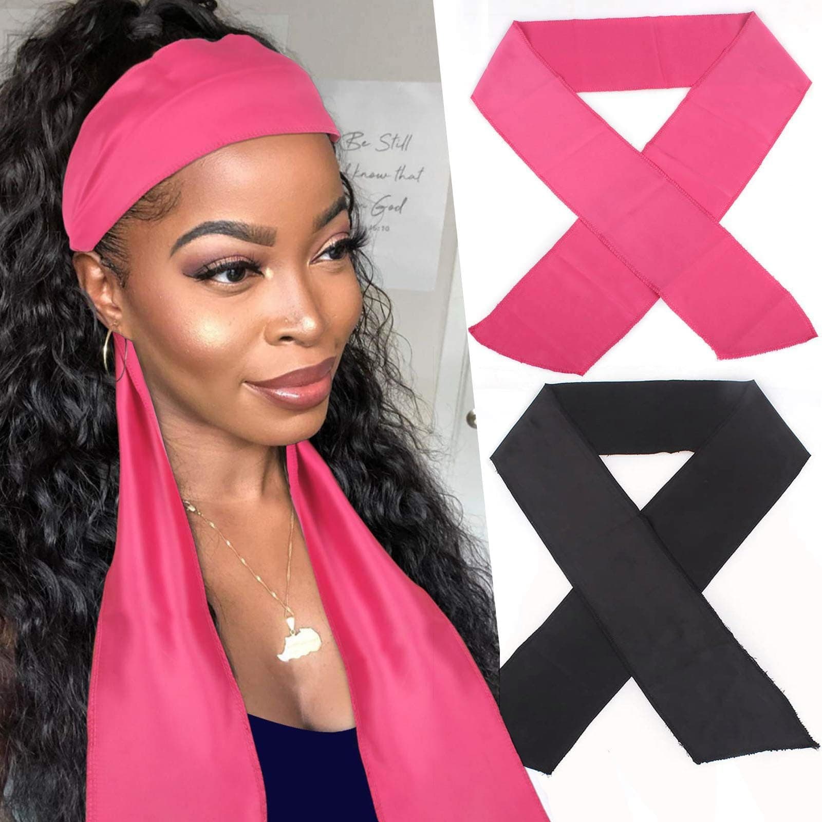XTREND 2Pcs Edge Laying Scarf for Wigs Fashion Edge Scarf for Lace Front Wig 58 Inch Soft Women's Satin Headband for Makeup Non Slip Hair Wrap Wigs Grip (1pc Pink#+1pc Black#)