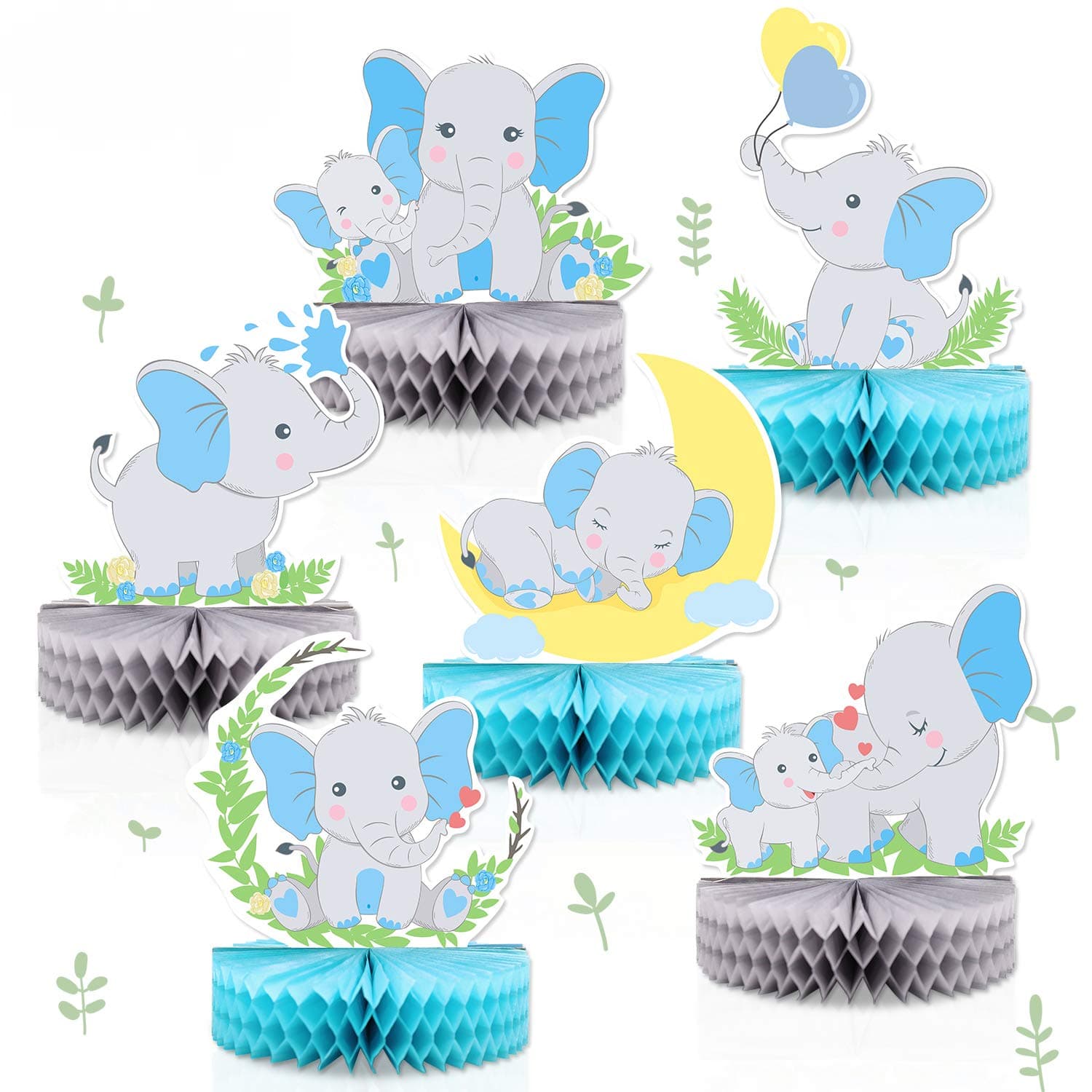 6 PCS Blue Elephant Honeycomb Centerpieces Baby Boy It's A Boy Table Decorations Blue Little Peanut Cutouts for Blue Elephant Theme Baby Shower Birthday Party Supplies