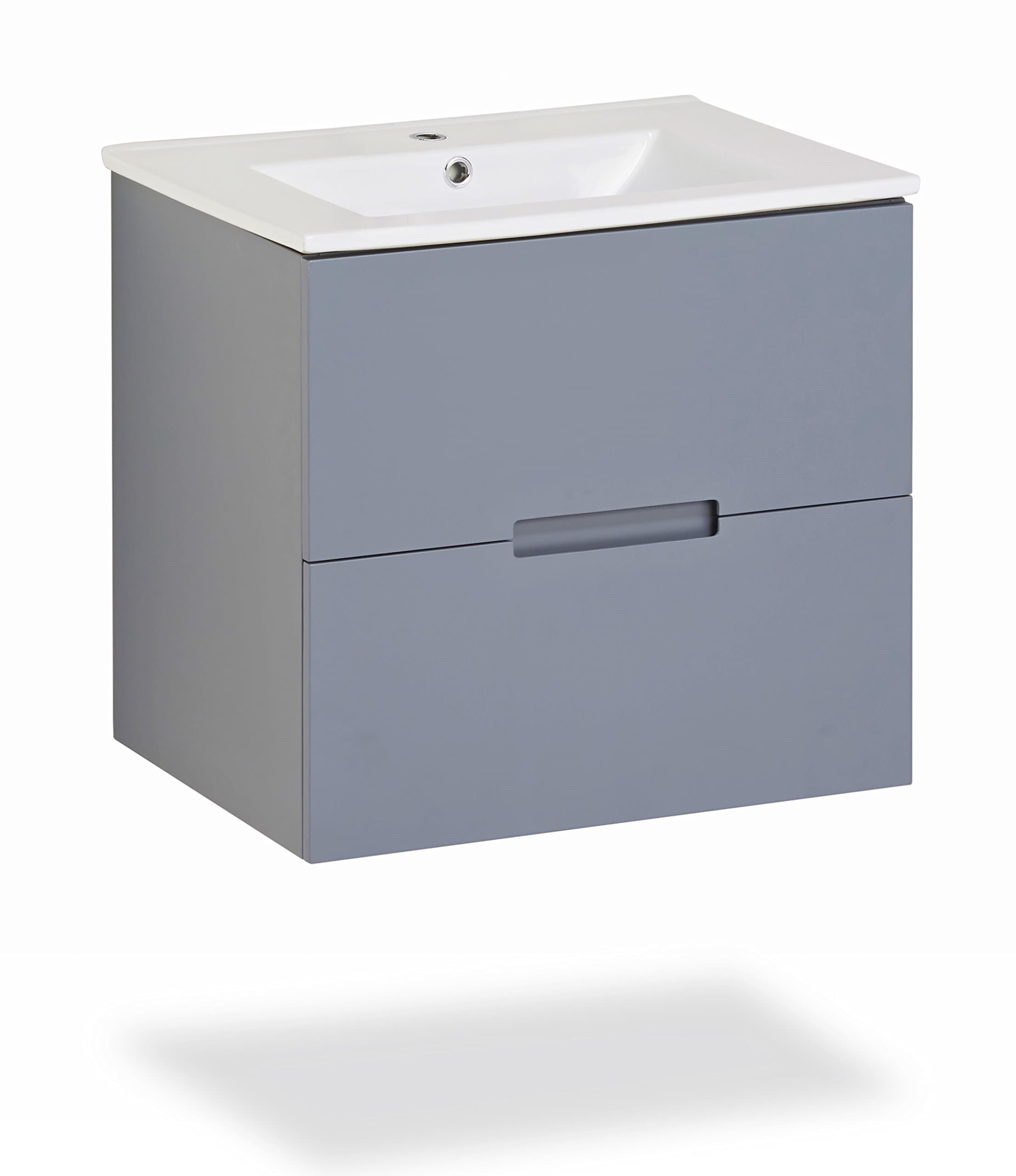 Sasha 24" Floating Wall-Hung Gray Bathroom Vanity with Sink-Top and Baden Haus Retro 23" x 35" LED Lighted Mirror with Defogger