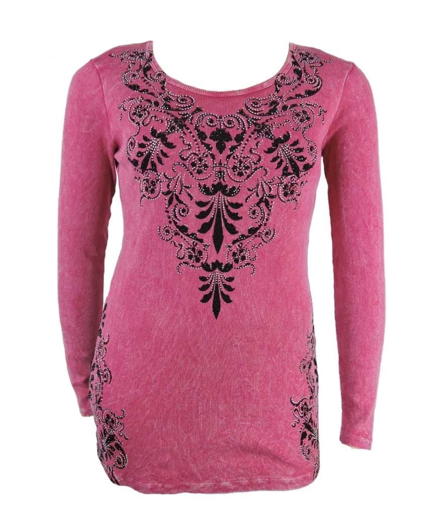Vocal Women Plus Size Shirt Long Sleevs Tribal Fleur Tattoo Graphic Rhinestone Detail