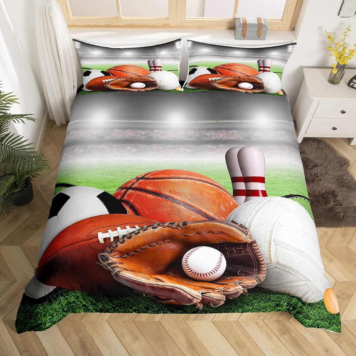 Erosebridal Baseball Gloves Bedding Set Basketball Football Game Comforter Cover for Kids Boys Ball Sports Duvet Cover Volleyball Softball Bowling Bed Sets Rugby Field Bedroom Decor Queen Size
