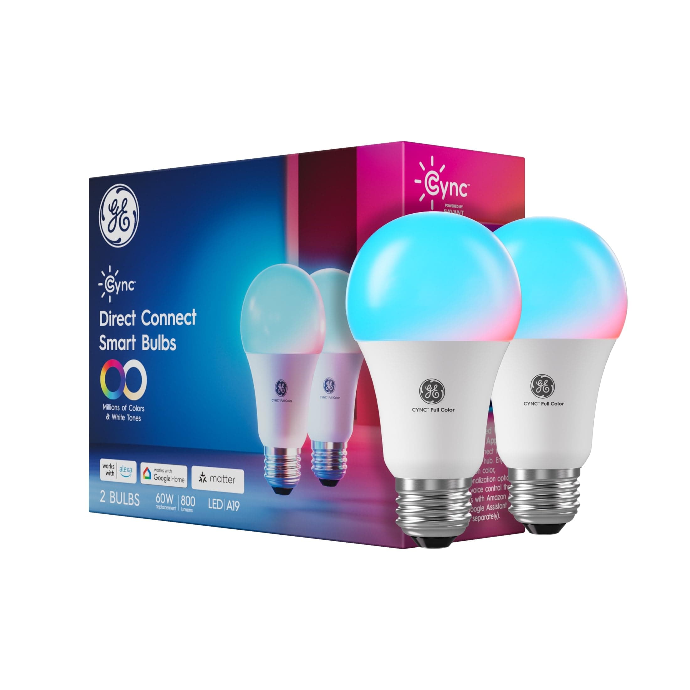 GE A19 LED Smart Light Bulbs, Room Decor Aesthetic Bluetooth and WiFi Color Changing Lights, LED Indoor Light Bulb, Compatible with Alexa and Google (2 Pack)