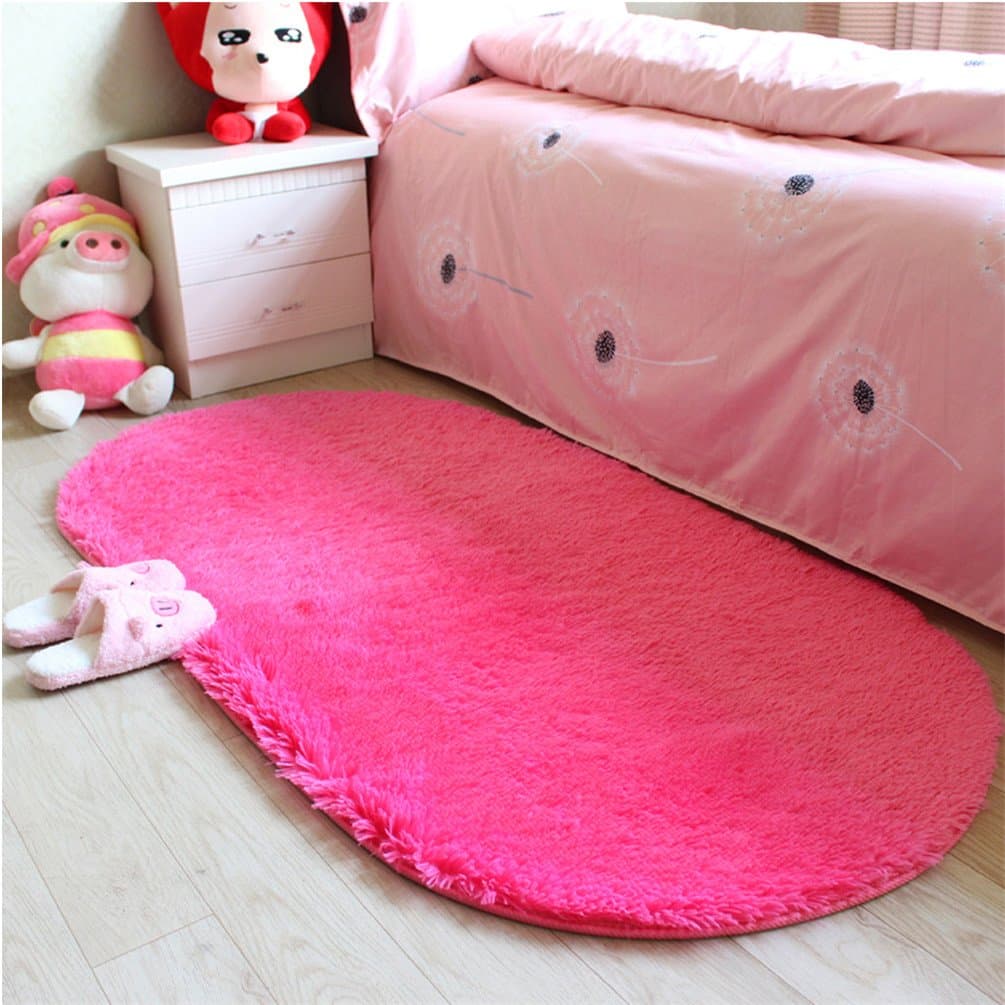moonrug Ultra Soft Fluffy Oval Area Rugs Shaggy Living Room Rug Solid Color Non-Slip Bedroom Bedside Rug Runners 2.7’ x 5.3’, Hot Pink