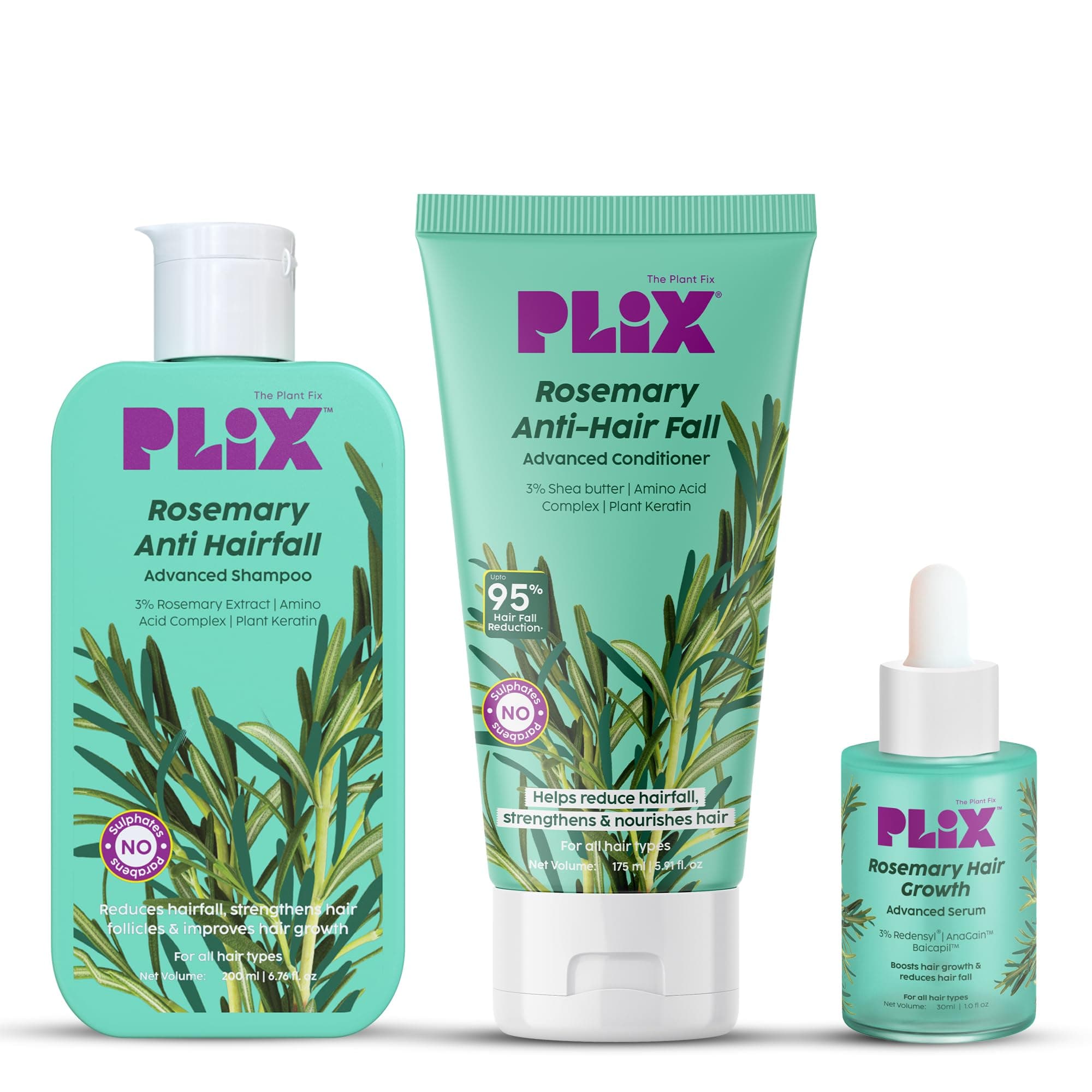 - PLIX Rosemary Anti Hairfall Regime Combo with 3% Redensyl Serum, Shampoo & Conditioner l Reduces Hair Fall & Strengthens Hair l Sulphate & Paraben Free l All Hair Types l Unisex