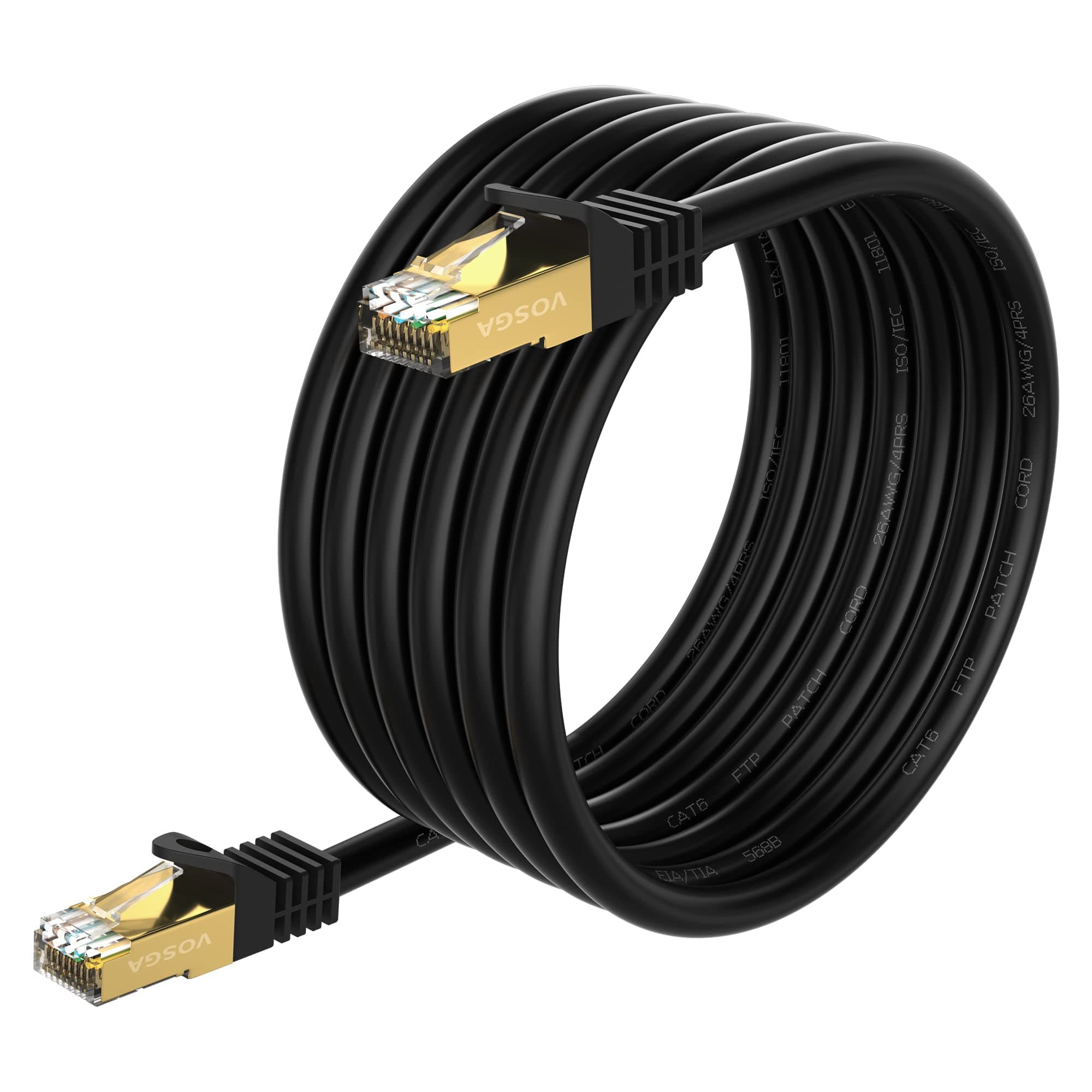 Outdoor Cat 6 Ethernet Cable 60M/200 ft,FTP-550MHZ-Shielded CAT6 RJ45 Network LAN Waterproof Direct Burial Internet Cord 60M Round Black
