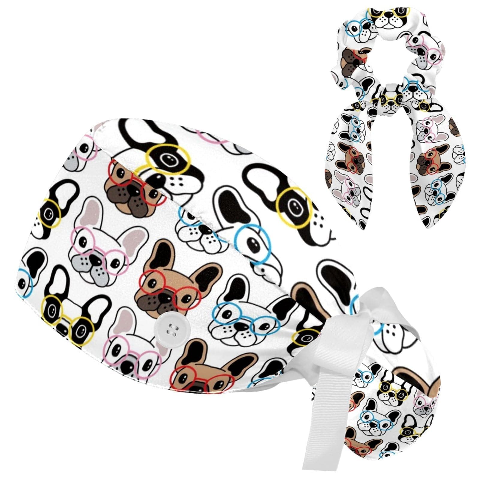 Colorful Animals Dog Working Cap with Button & Sweatband Adjustable Unisex Tie Back Hat Nurse Surgical Cap