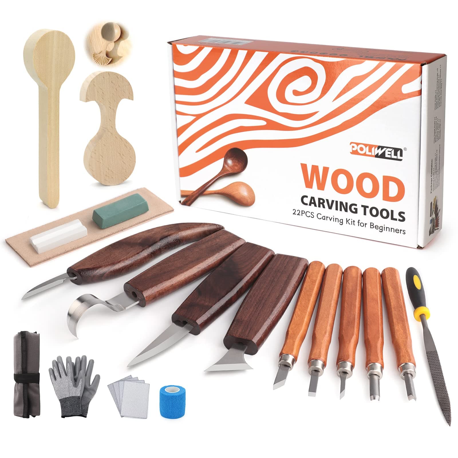 Wood Carving Kit 22PCS Wood Carving Tools Hand Carving Knife Set with Anti-Slip Cut-Resistant Gloves, Needle File Wood Spoon Carving Kit for Beginners Whittling Kit for Kids Adults Woodworking DIY