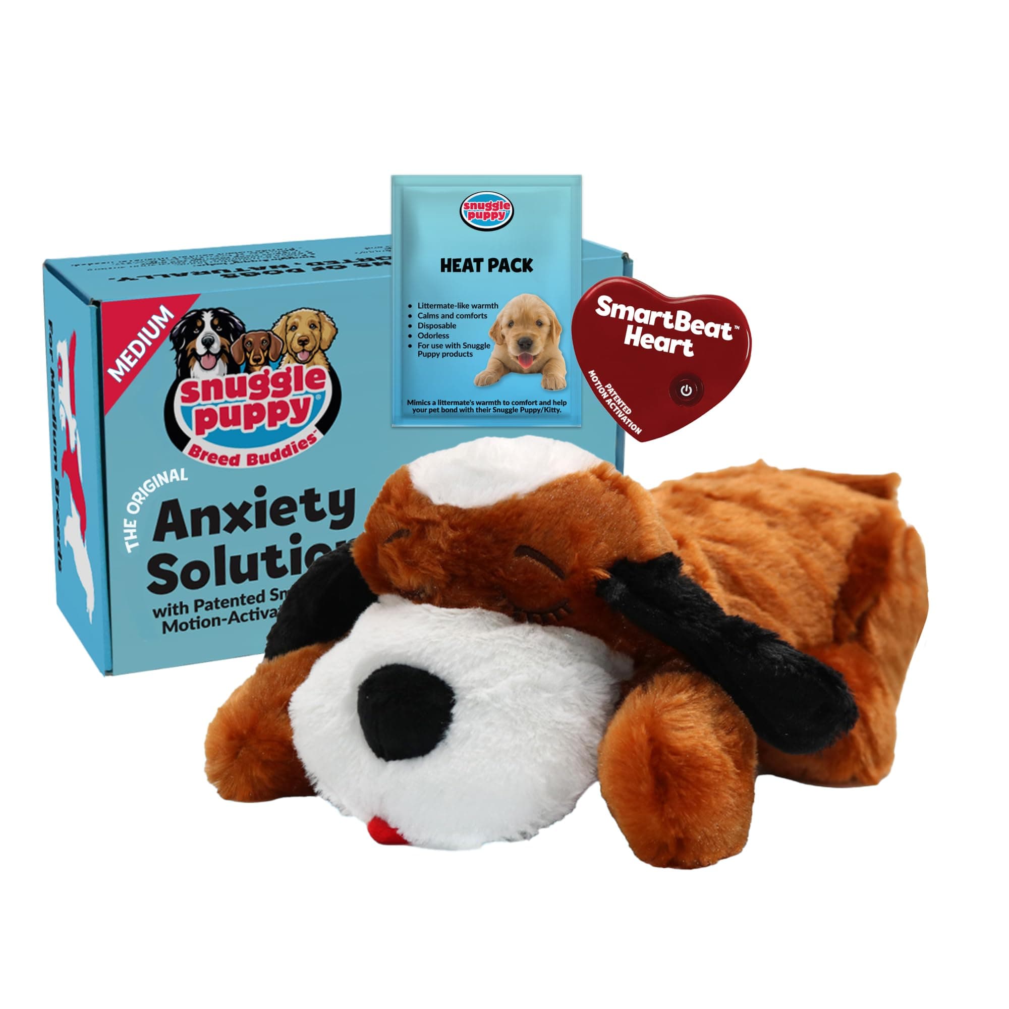 SmartPetLove Original Snuggle Puppy Heartbeat Stuffed Toy for Dogs. Pet Anxiety Relief and Calming Aid, Comfort Toy for Behavioral Training in Brown and White
