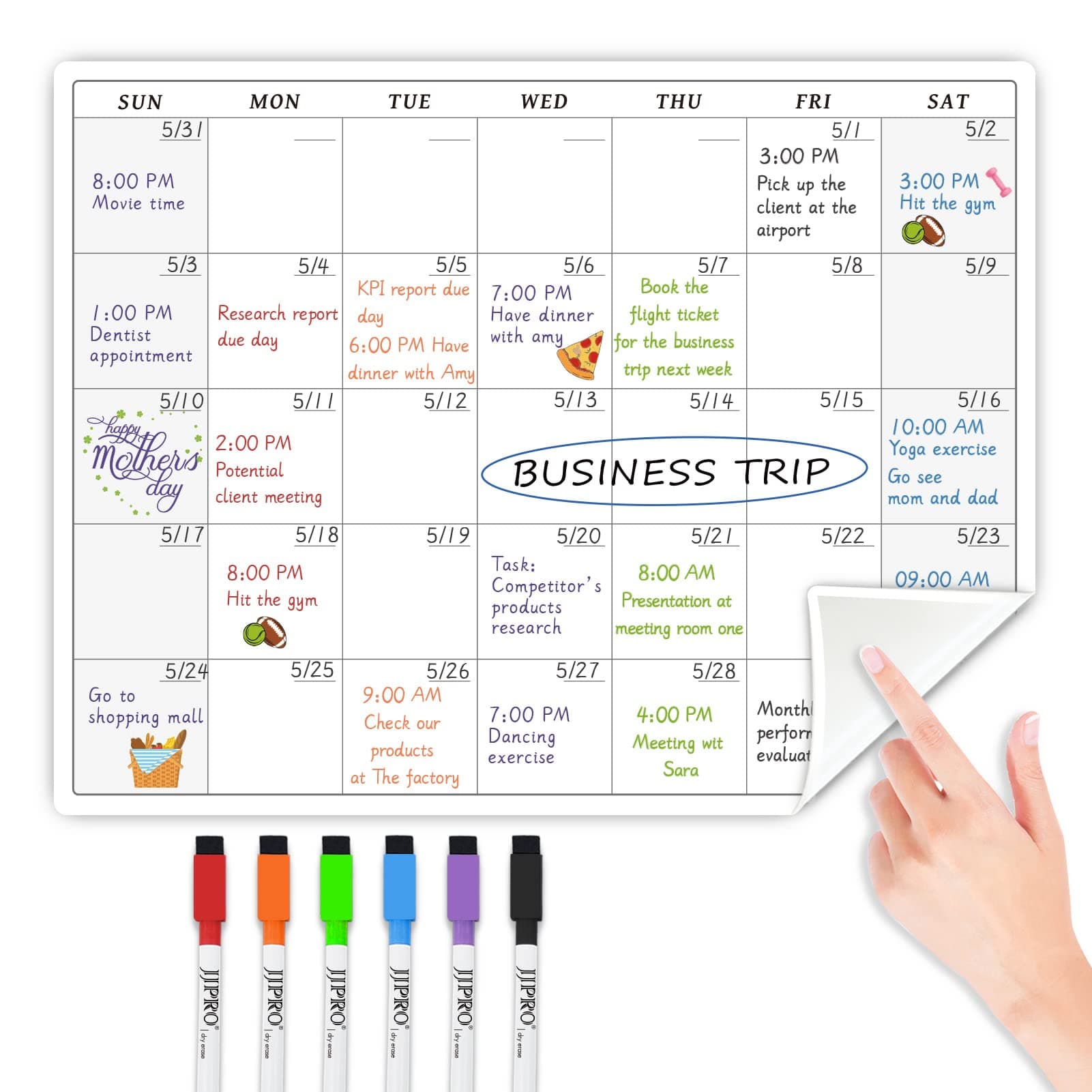 JJPRO Non-Magnetic Reusable Monthly Calendar Whiteboard Clings to All Smooth Surfaces. Monthly Planning Board for Refrigerator, Cabinet,Door&Stainless Fridge, 6 Markers Included!
