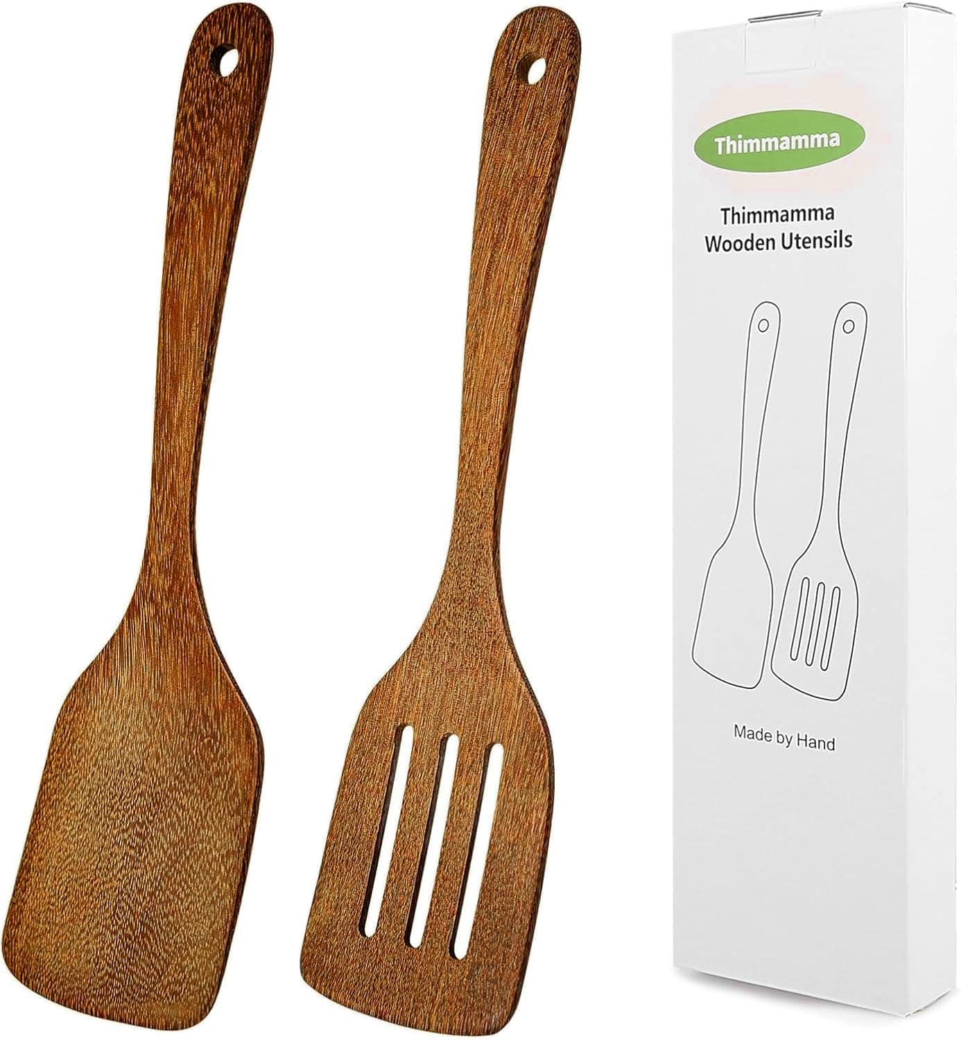 Wooden Spatula for Cooking 12 Inches Wood Spatula Slotted Turner Cooking Utensils for Nonstick Cookware, Kitchen Spatulas for Fish, Eggs, Pancakes, 2 Pack