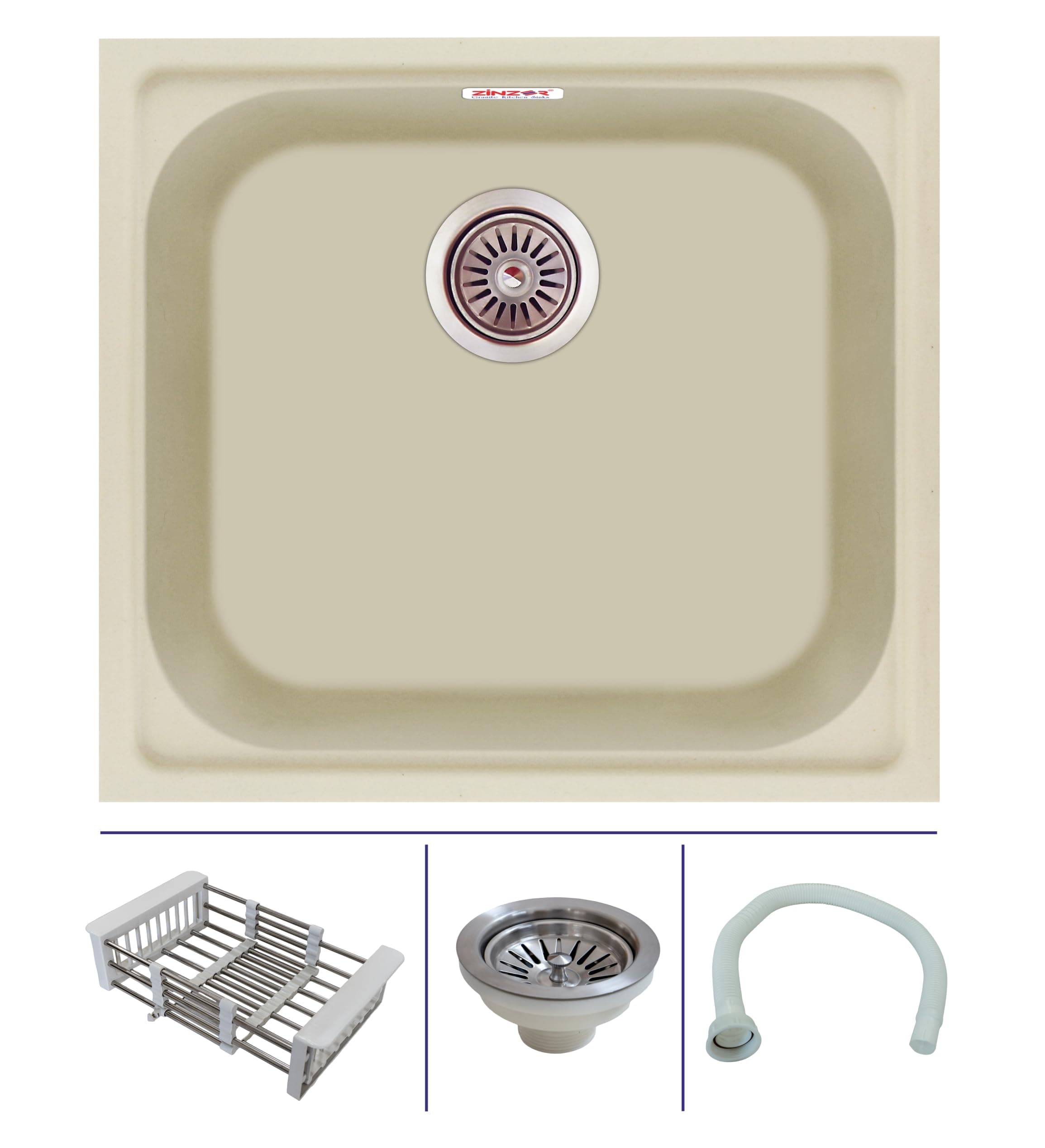 Zinzer Single Bowl, Quartz Kitchen Sink, Ivory Color 21 x 19 x 8, German Engineered, Smooth Metallic Finish | Box includes Kitchen Sink, Sink Coupling, Hose Pipe, Drainer Basket