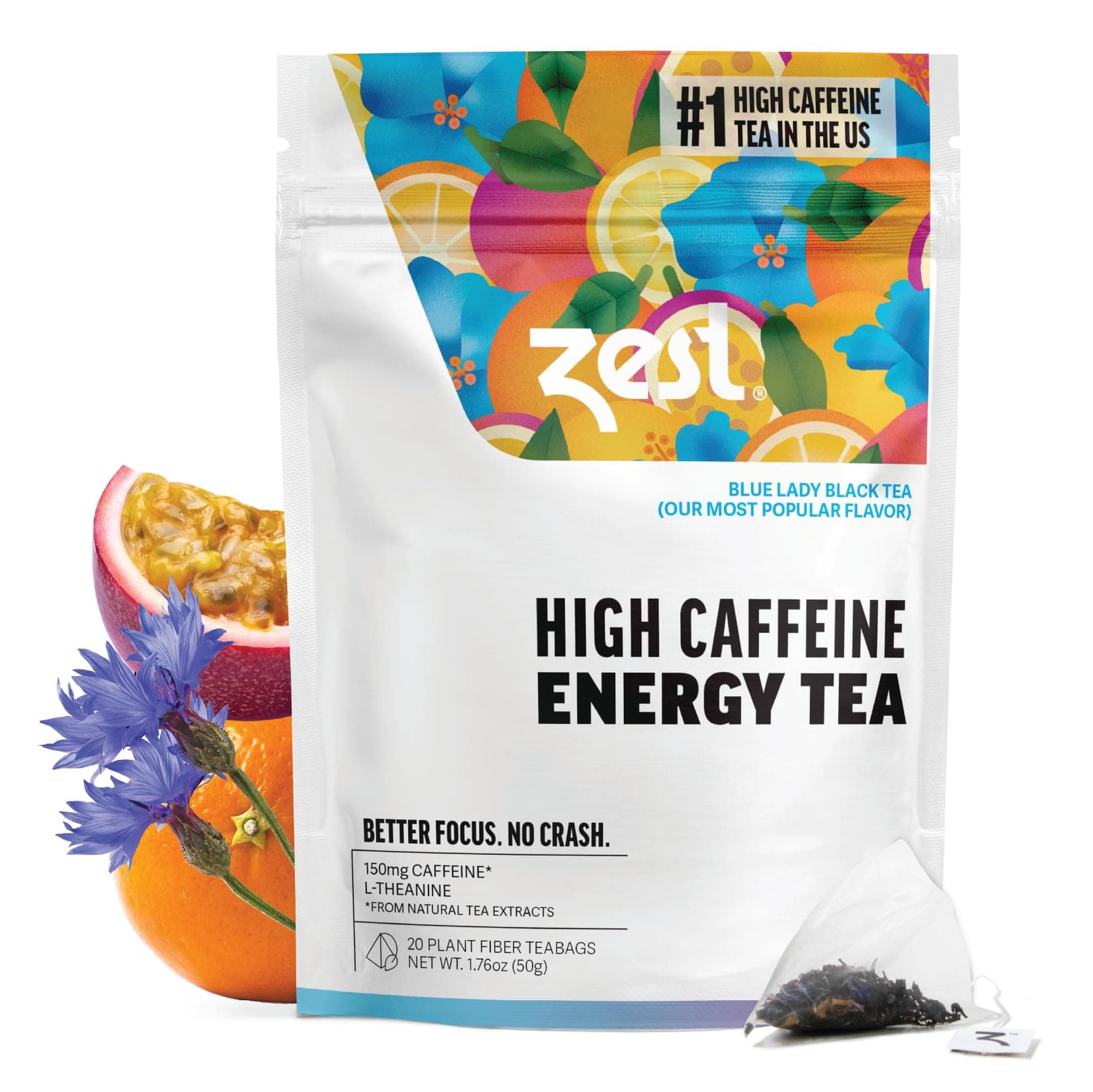 ZEST TEA 150mg High Caffeine Energy Leaf Blend - Blue Lady Black - 20 Pack Bag - Hot or Iced - All Natural Strong Flavored Healthy Coffee Alternative Highly Caffeinated Substitute - Perfect for Keto