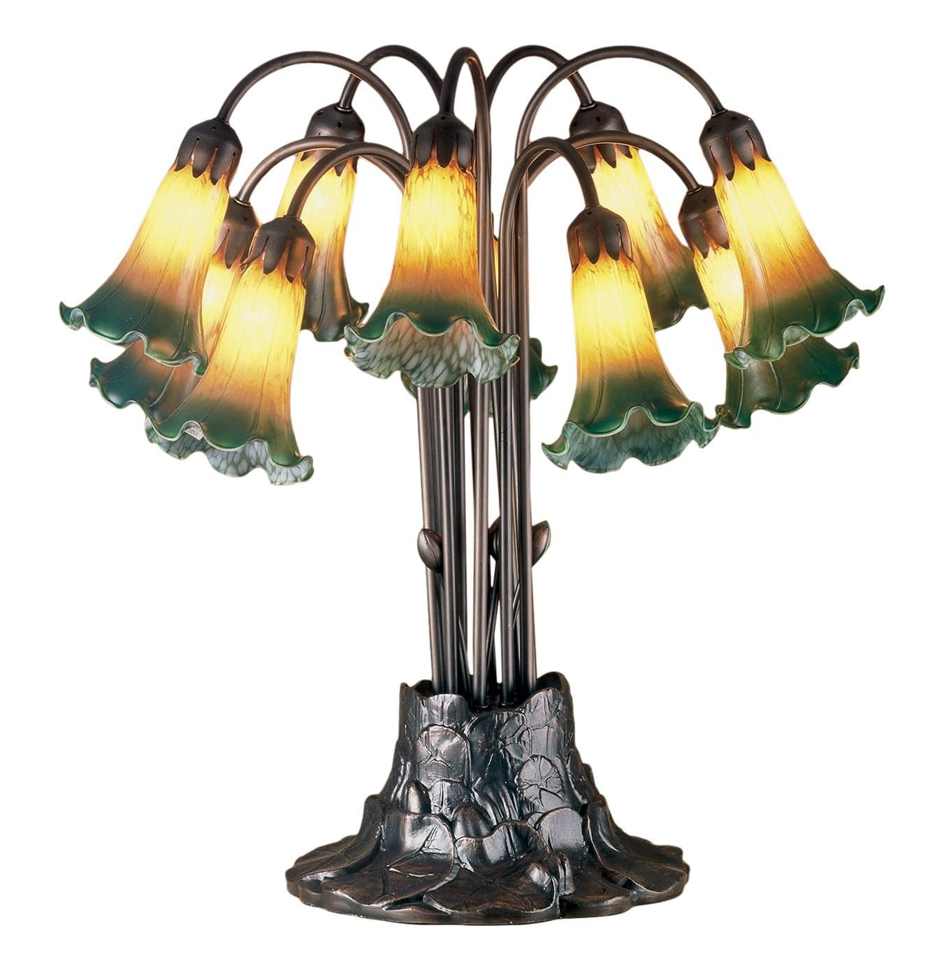 Meyda Tiffany 14357 Pond Lily 10 Light Table Lamp, 22" Height, Amber/Green