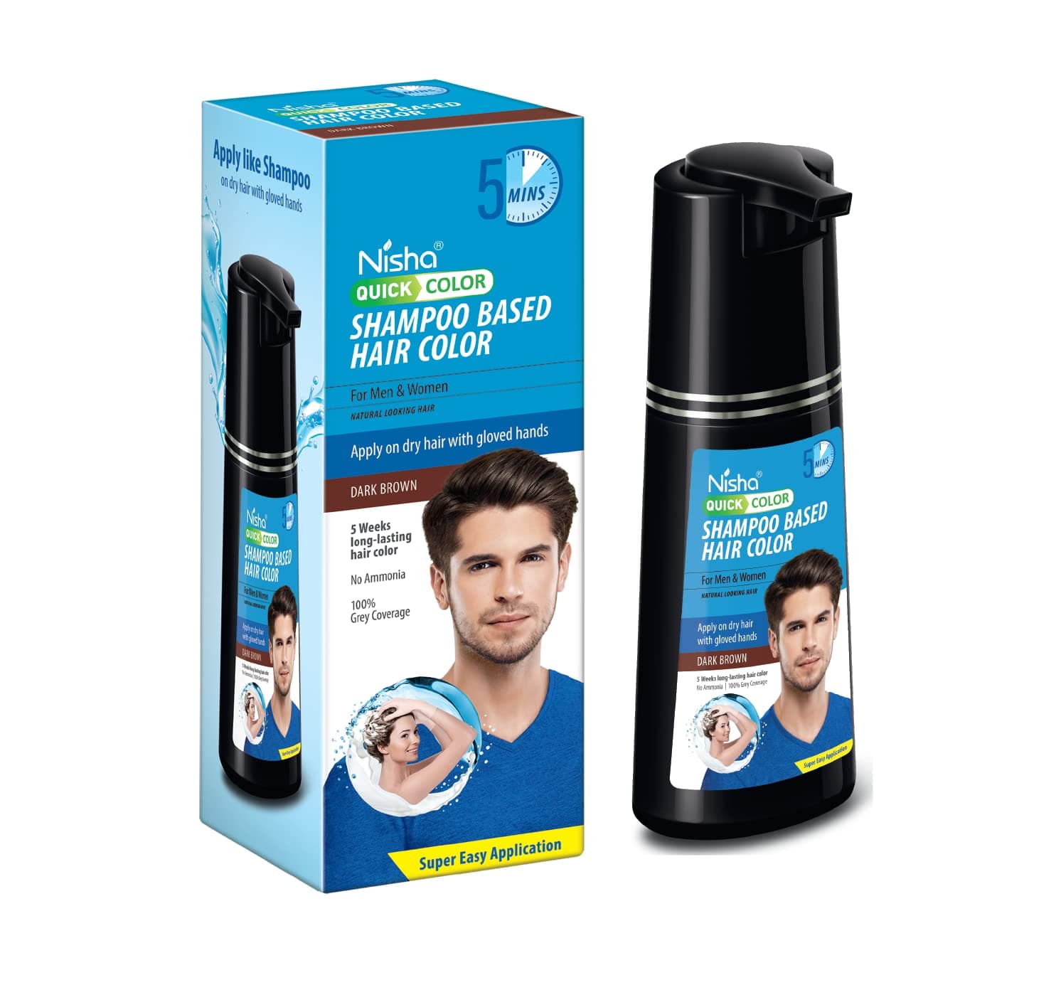 Quick 5 Minutes Shampoo Hair Color, 5 Weeks Long-Lasting hair, 100% Grey Coverage, Men and Women (180ml Bottle, Dark Brown)