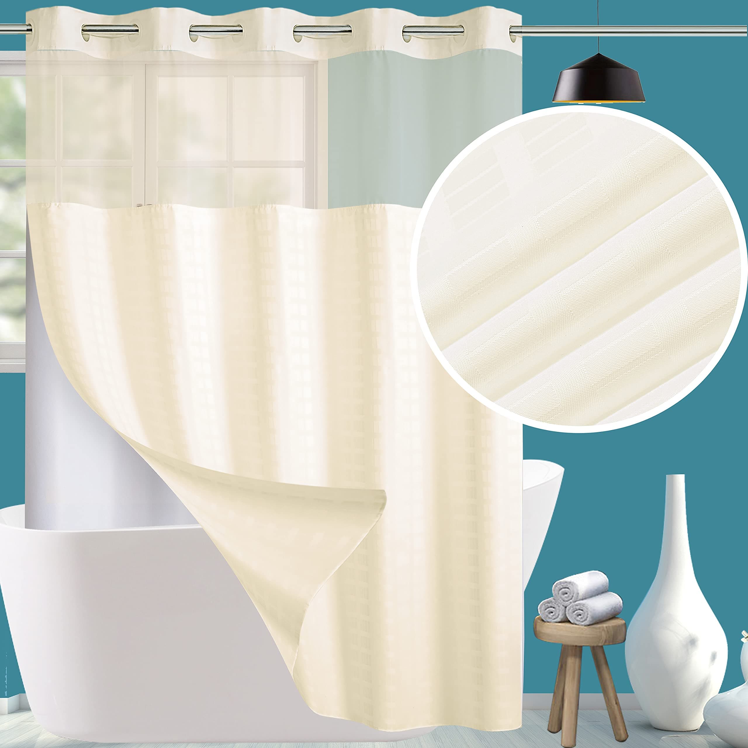 Conbo Mio Hotel Style Fabric Shower Curtain No Hooks Needed with Snap in Liner for Bathroom Machine Washable Waterproof Repellent Shower Curtain(Check-Beige,71"(W) x 84"(H))