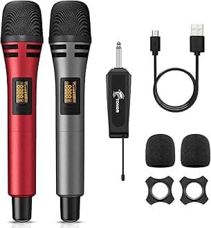TONOR Wireless Microphones, UHF Cordless Handheld Dynamic Mics with 6.35mm Rechargeable Receiver, 60 m Range, 2 * 5 Adjustable Channels for Karaoke, Singing, DJ, Party, Speech, TW320, 2 Mics Grey&Red