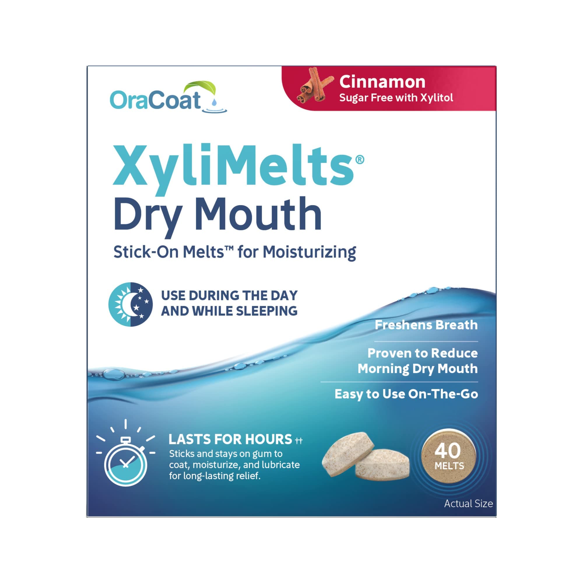 XyliMelts Dry Mouth Relief Moisturizing Oral Adhering Discs 40 Count, Cinnamon with Xylitol, for Dry Mouth, Stimulates Saliva, Non-Acidic