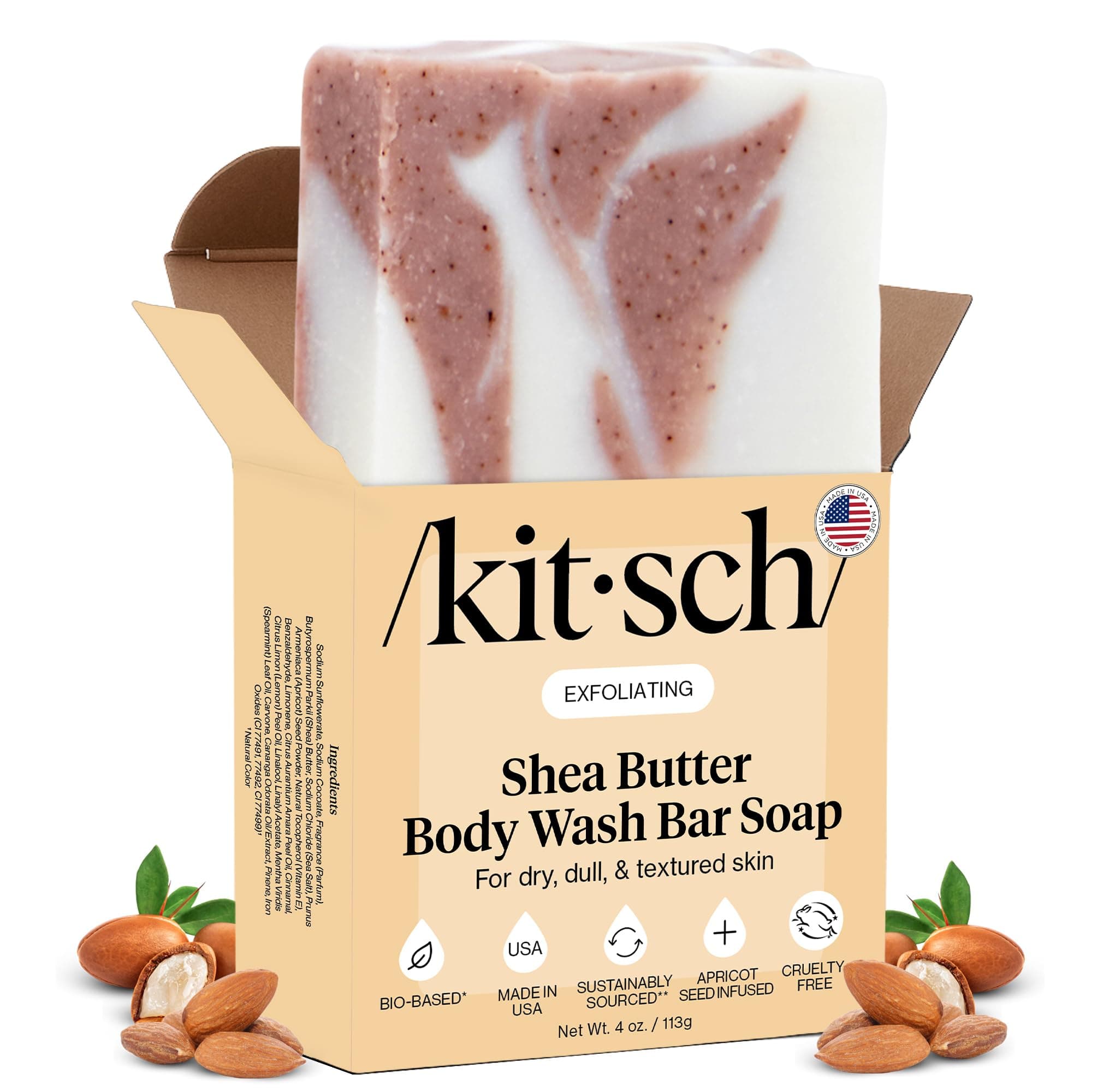 Shea Butter Exfoliating Body Wash Bar 113g – Moisturizing Bar Soap & Gentle Soap Bar with Plant-Based Exfoliants – Hydrates, Softens & Soothes Skin –Paraben, Silicone & Sulfate-Free