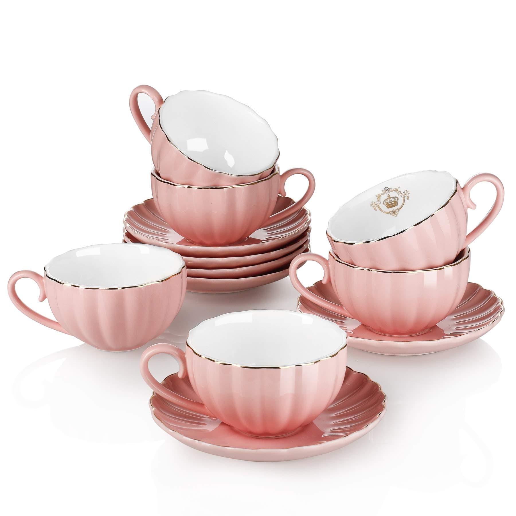 Amazingware Royal Tea Cups and Saucers, with Gold Trim and Gift Box, British Coffee Cups, Porcelain Tea Set, Set of 6 (8 oz)- Pink