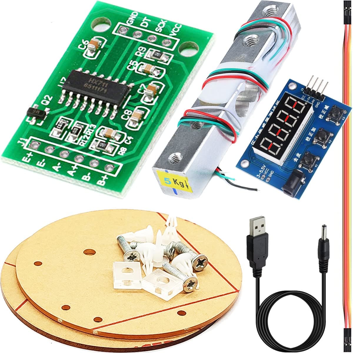 HX711 Weight Sensor ADC Module Kit + Digital Load Cell 5KG for Electronic Scale Also for Arduino, with Scale Display Module, 3.5x1.35mm Power Wire