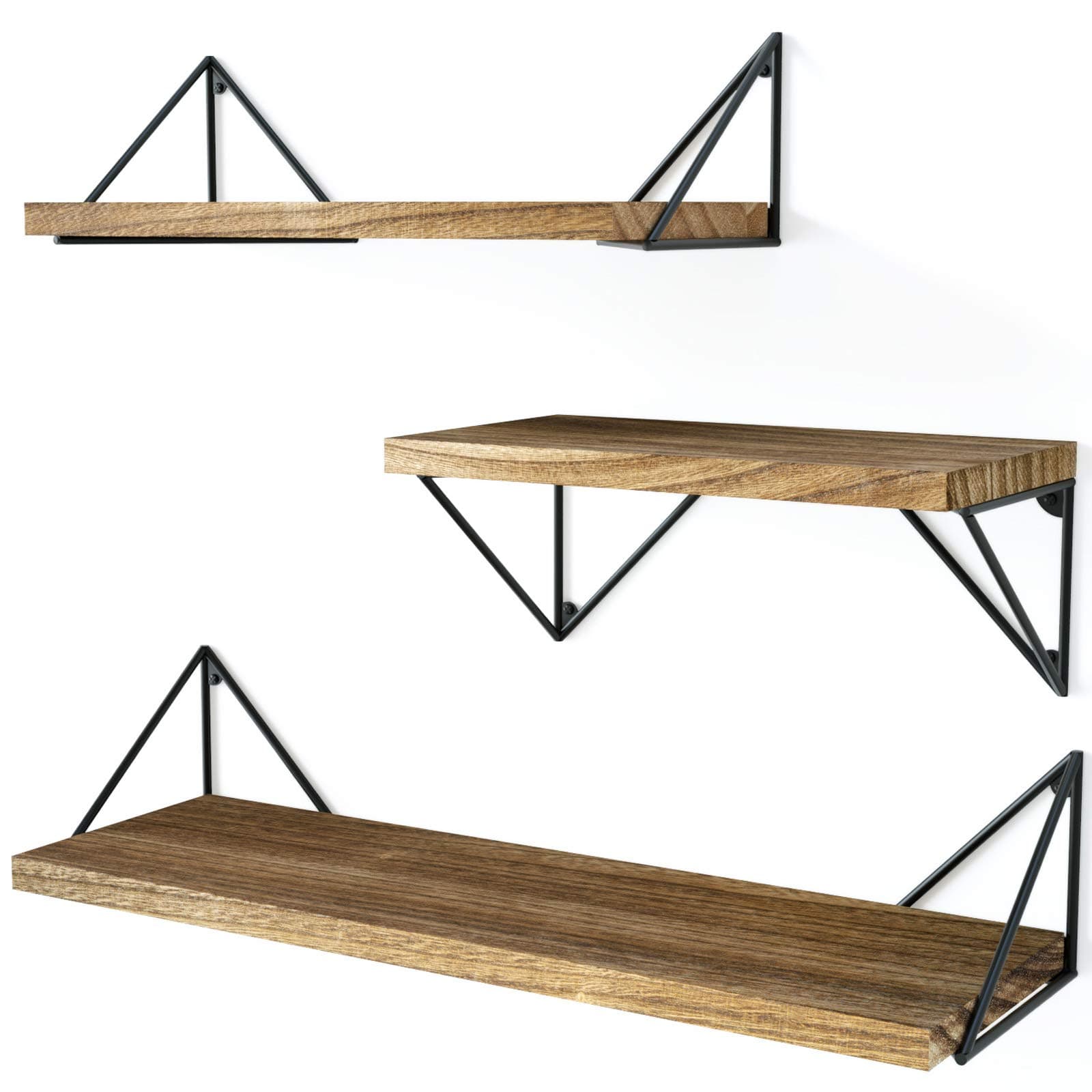 SRIWATANA Rustic Floating Shelves, Wood Wall Shelves Set of 3 for Bedroom, Bathroom, Living Room, Kitchen and More, Carbonized Black