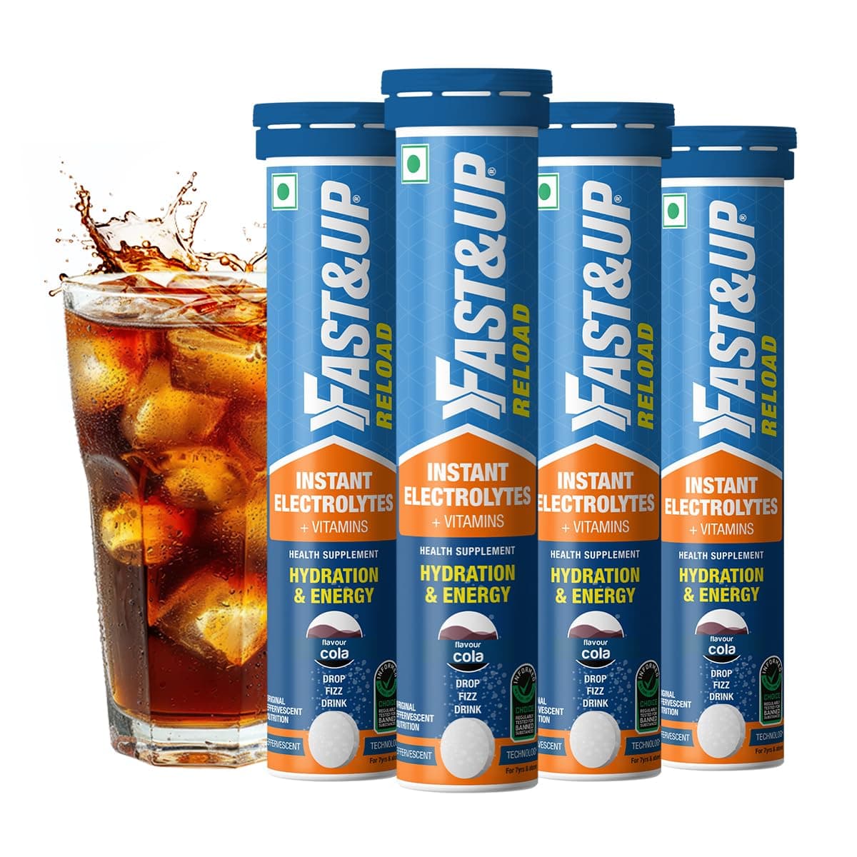 Fast&Up Reload (20 Litres) Low Sugar energy drink for Instant Hydration - 80 Effervescent Tablets with all 5 Essential Electrolytes + Added Vitamins - Certified Electrolytes Drink - Cola flavour