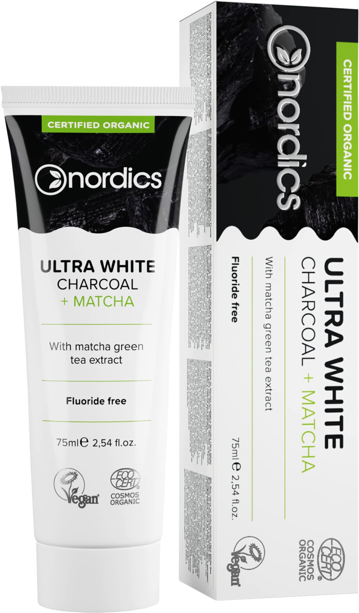 Nordics Teeth Whitening Toothpaste Activated Charcoal and Matcha, 100% Natural Fluoride Free, Vegan Cruelty-Free 75ml