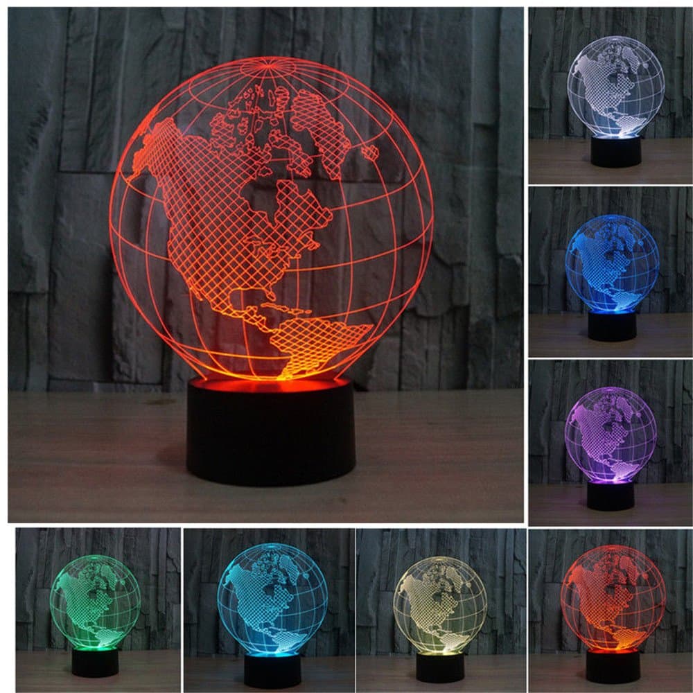 Koreyoshi Earth Globe 3D Illusion Optical Lamps, 7 Colors Touch Switch LED Night Light Bedroom Desk Table Lamp with USB Charger
