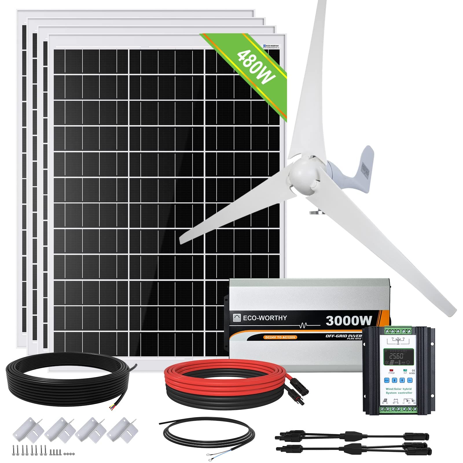 ECO-WORTHY 24V 880W Solar Wind Turbine Generator Kit with Inverter for Home:400W Wind Turbine Generator + 4pcs 120W Mono Solar Panel + 40A Hybrid Controller + 3000W 24V Pure Sine Wave Inverter…