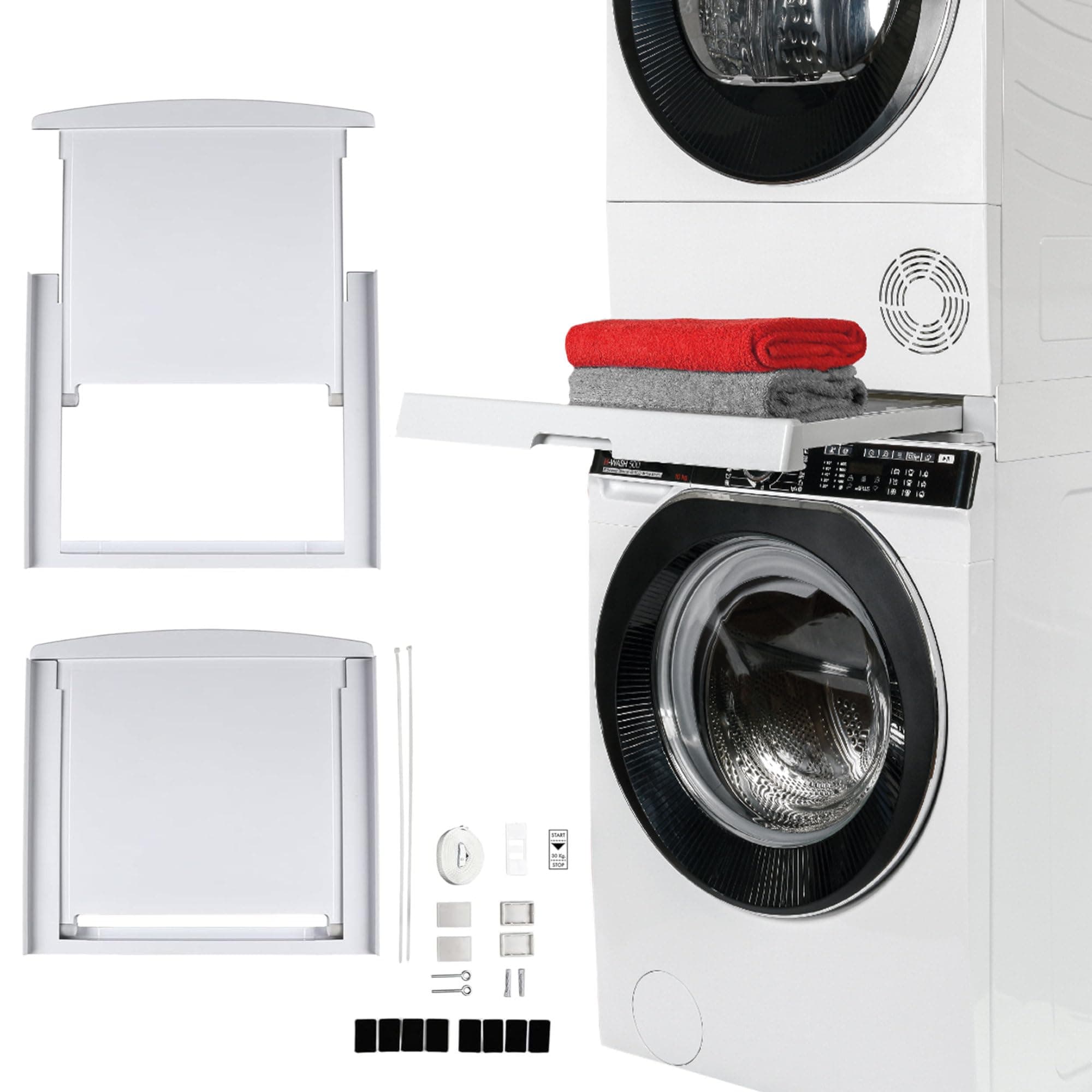 Hoover Universal Stacking Kit with Sliding Shelf for Washing Machines and Dryers - Suitable for Washing Machines with Depth 47-62 cm - Space-Saving - Easy to Install - White - Universal