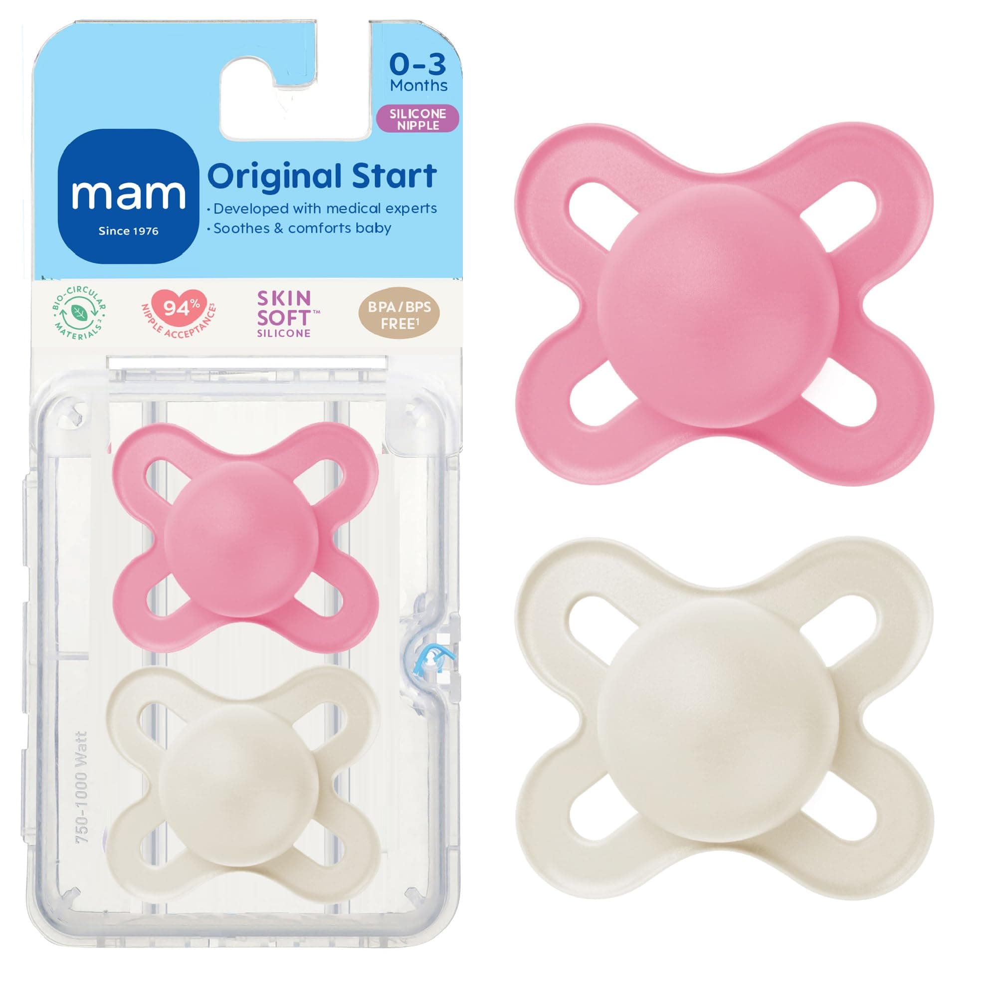 MAM Original Start Matte Baby Pacifiers, Binky for 0-3 Months, BPA-Free Silicone, Easy to Clean, Best for Newborn Babies, Developed with Medical Experts, 2 Count Binkies with Sterilizer Case