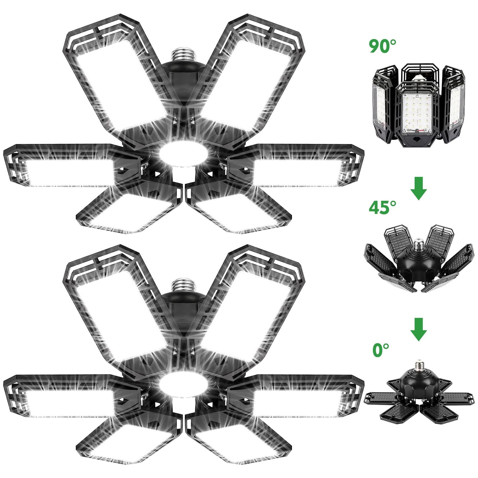 AILUKI LED Garage Light 2 Pack 160W E26 1600LM Deformable Led Garage Ceiling Lights 6500K Daylight White with 6 Adjustable Panels for Garage, Barn, Workshop,Warehouse