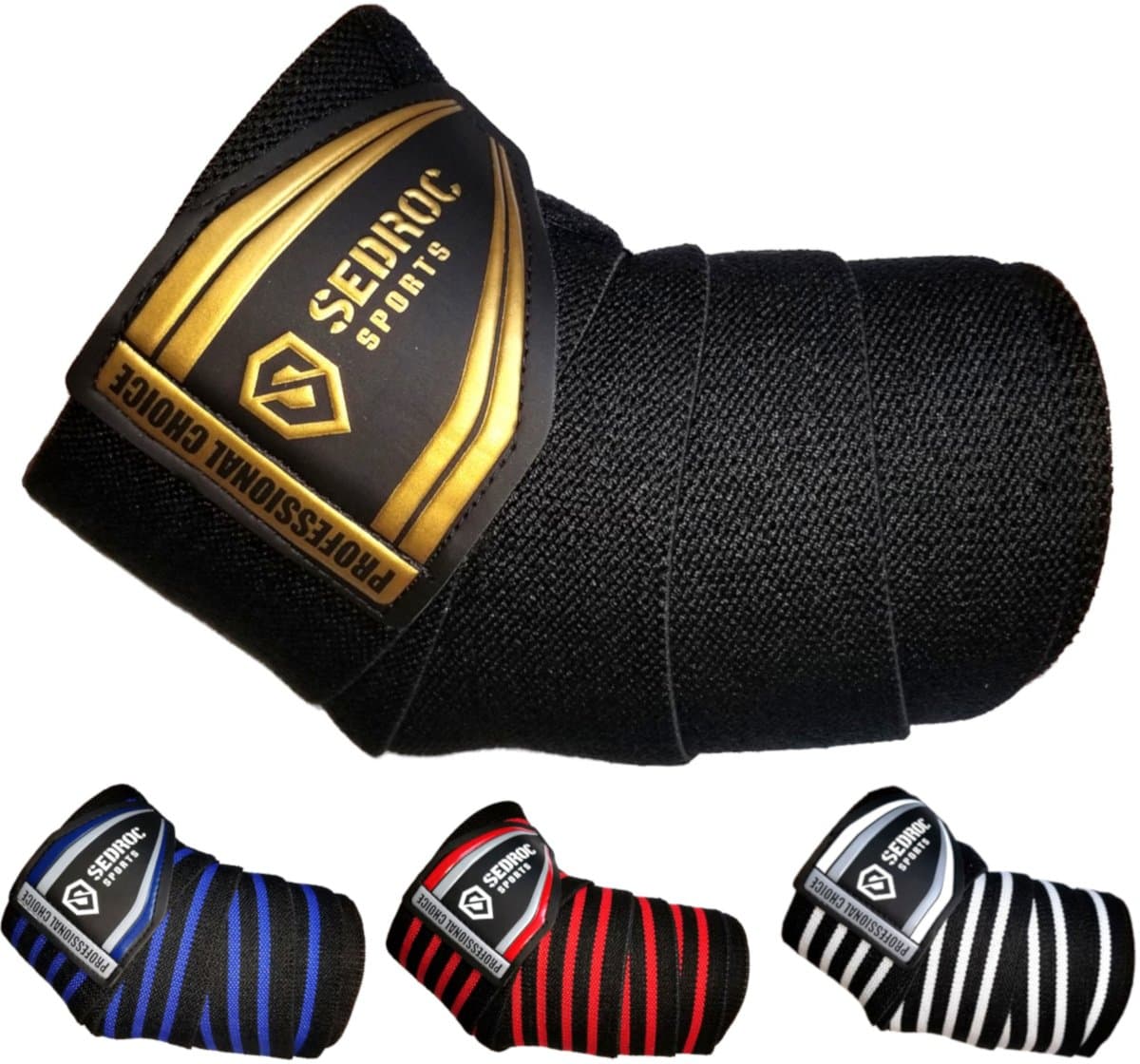 Sedroc SportsProfessional Weight Lifting Elbow Wraps Powerlifting Support Sleeves - Pair (Black/Gold)