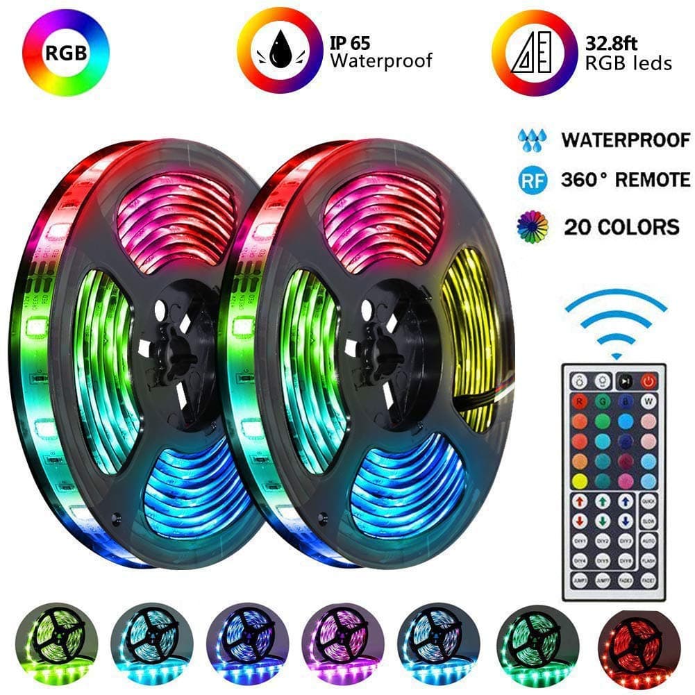 LED Strip Lights Kit 32.8ft /10M 300LEDs SMD 5050 RGB 12V 5A Power Supply Rope Lights IP65 Waterproof Flexible Tape Light Kit with Sensitive Reaction 44Key Remote Controller &Strengthen 2.5M Tape