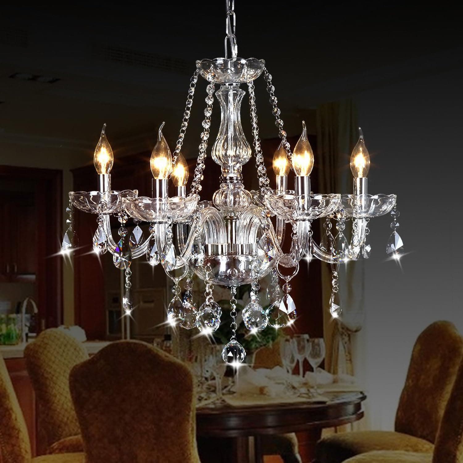 Crystal Chandeliers Classic Crystal Candle Chandelier Lighting, Vintage 6 Lights Pendant Ceiling Fixture Lamp for Dining Room Bedroom Island Hallway Wedding Decoration D23.6 X L47.2