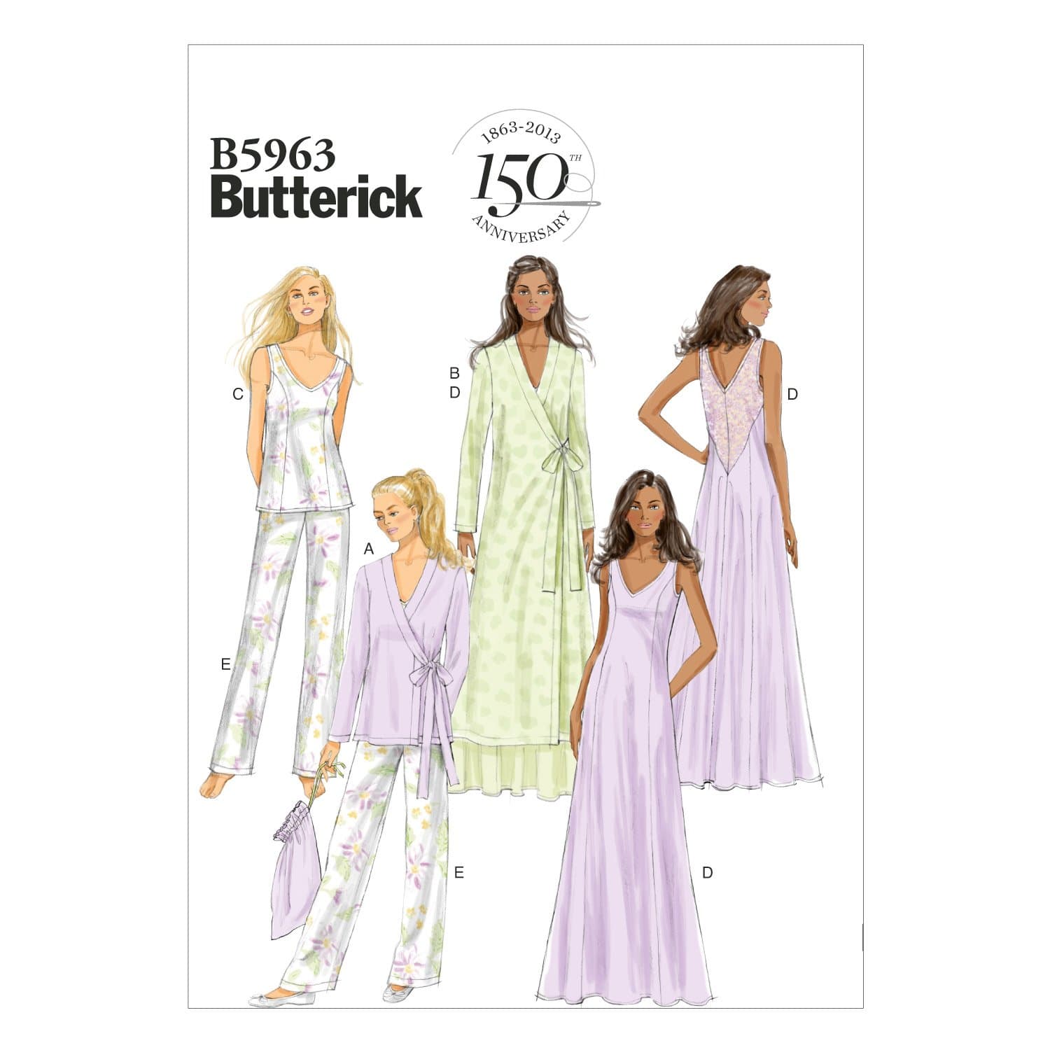 Butterick Patterns B5963 E5 Misses Robe/ Top/ Gown/ Pants and Bag, White