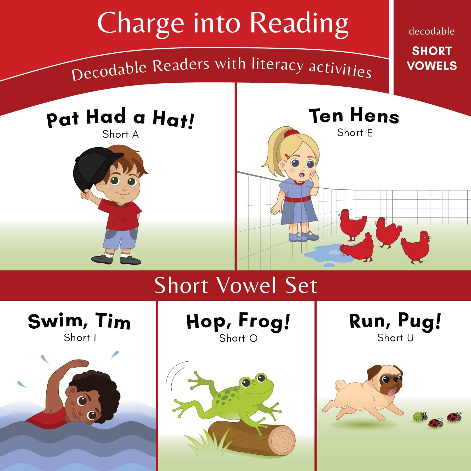 Charge into Reading Stage 1: Short Vowel Decodable Reader Set | Beginning Readers, Ages 4+