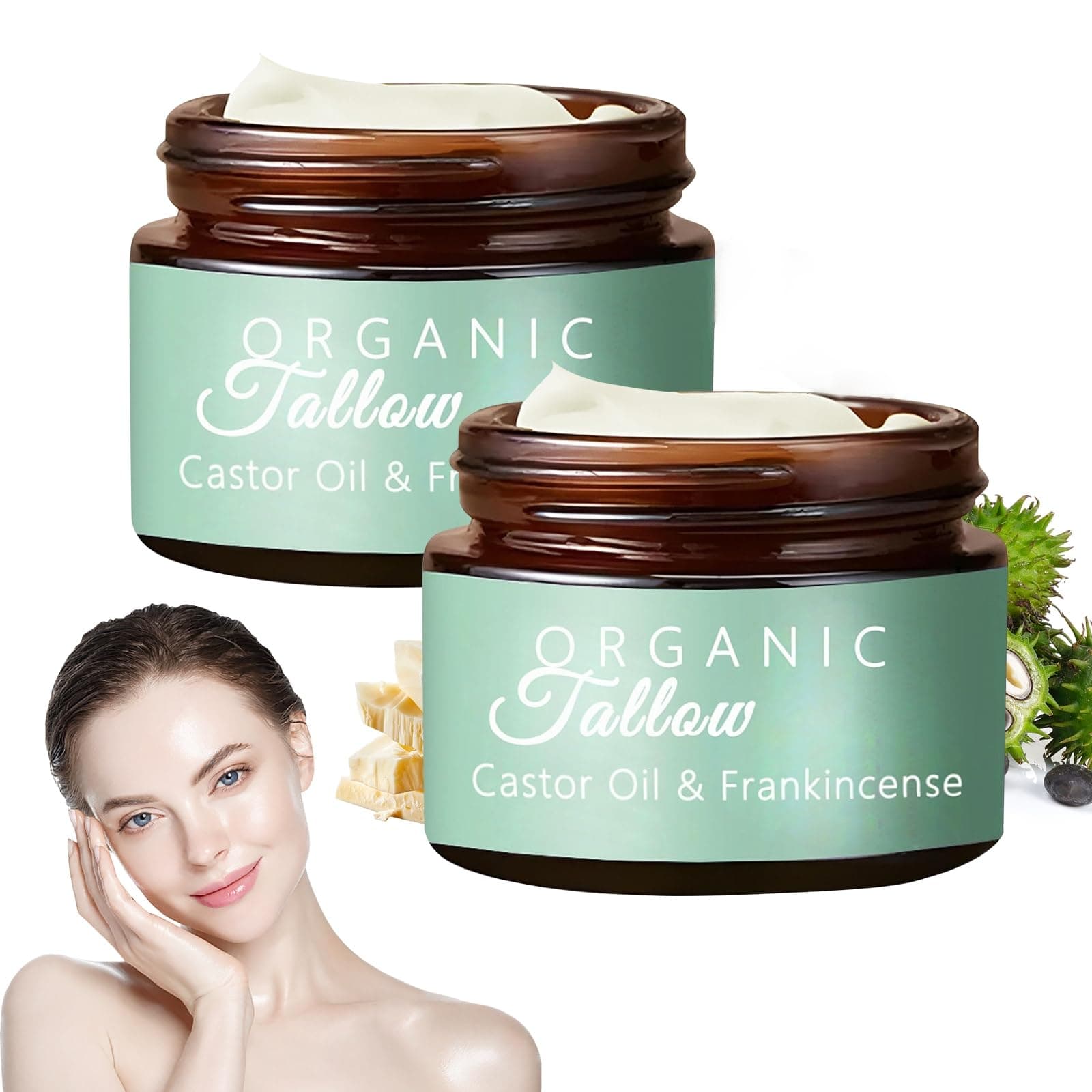 DaBao 2pcs Grass-fed Beef Tallow with Frankincense Oil & Castor oil, Organic Beef Tallow Moisturizer for Skin for Face, Body, All-Natural Organic Beef Tallow Moisturizer for Skin