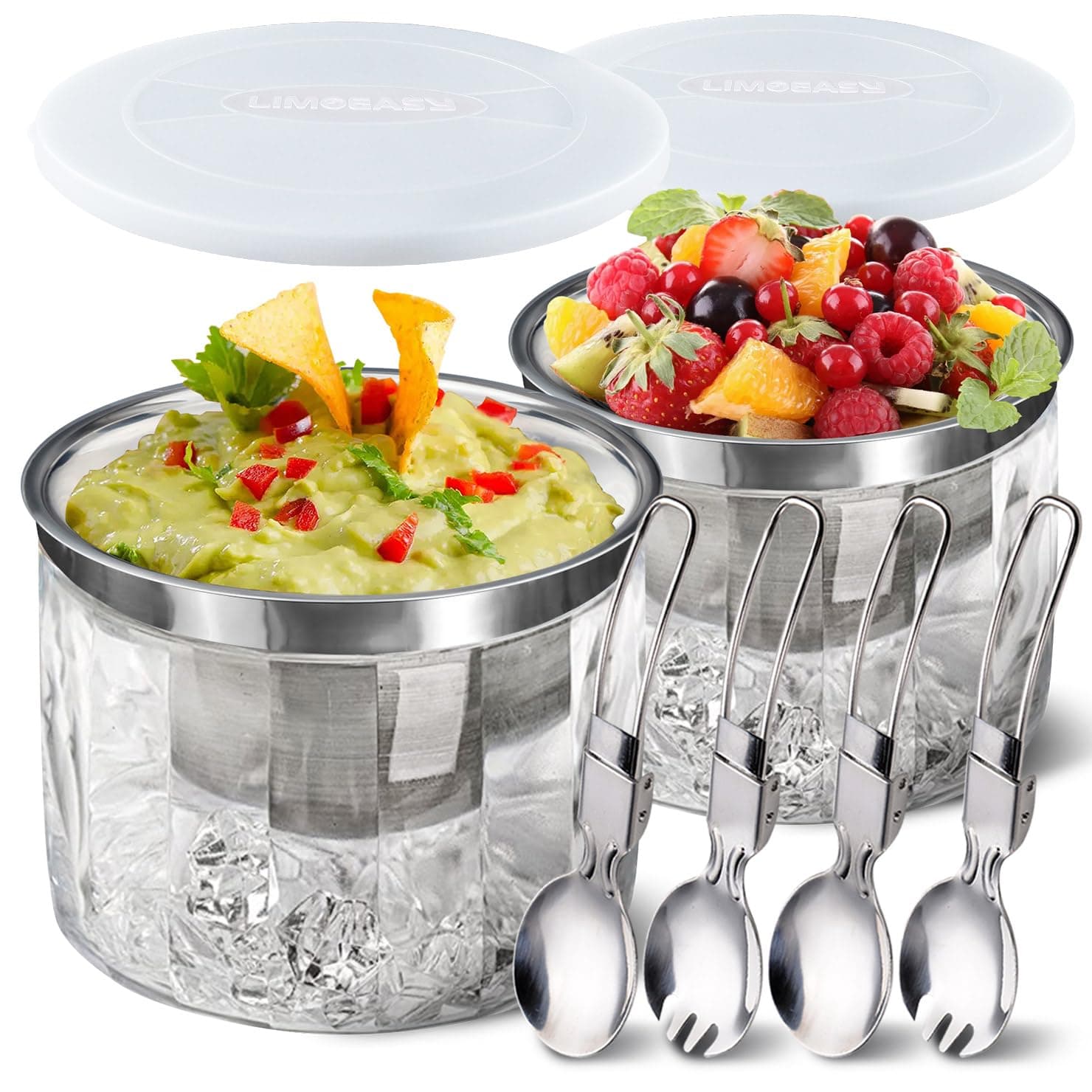 Chilled Dip Bowl (2 Pack), 25oz Ice Serving Bowl with Lid for Parties, Cold Serving Dish for Hummus, Salsa, Guacamole, Sauces, Pasta