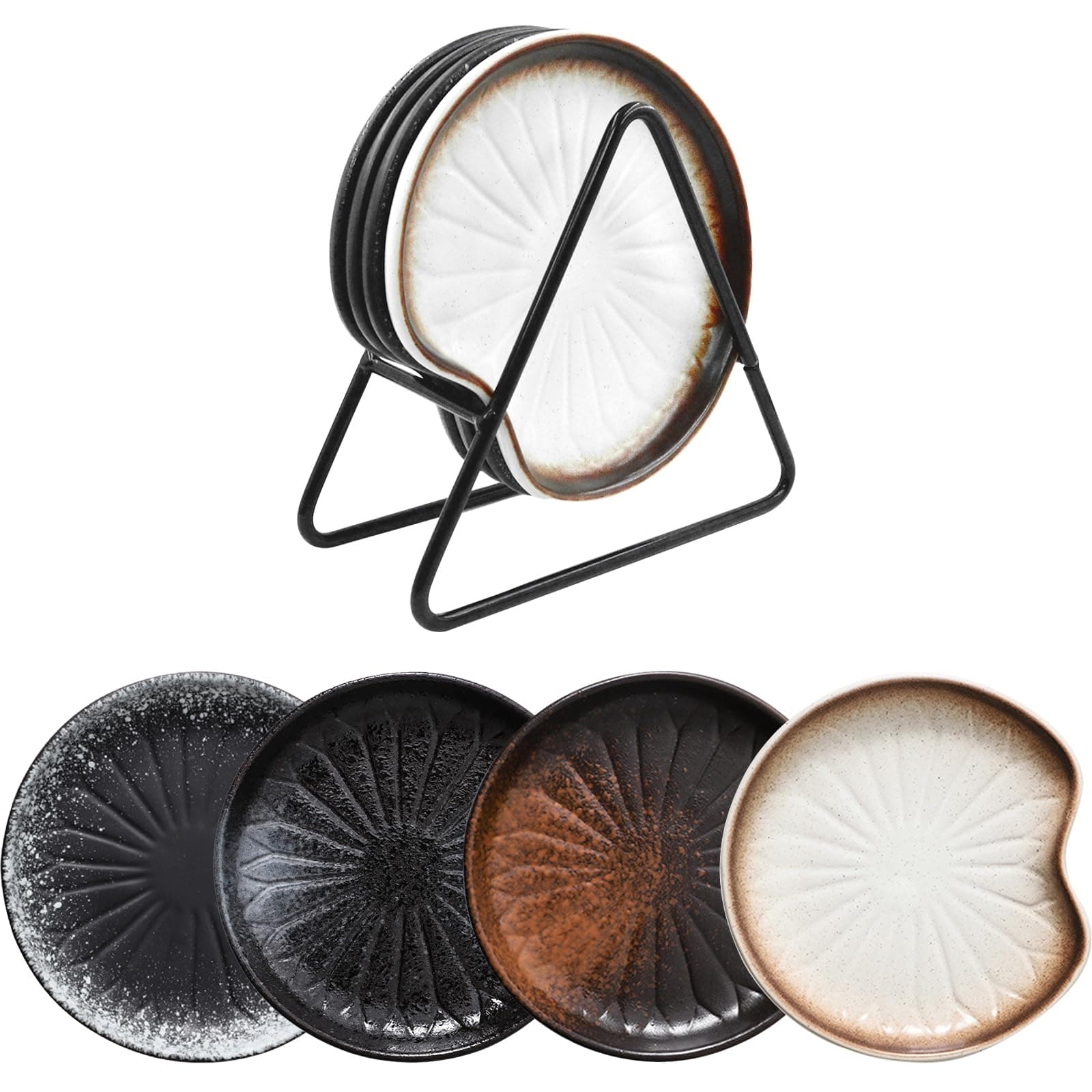 BigNoseDeer 4 Pack Ceramic Spoon Rest with Metal Holder, 5.3 Inch Kitchen Spoon Rest for Stove Top, Spoon Holder for Kitchen Counter, Kitchen Decor House Warming Gifts