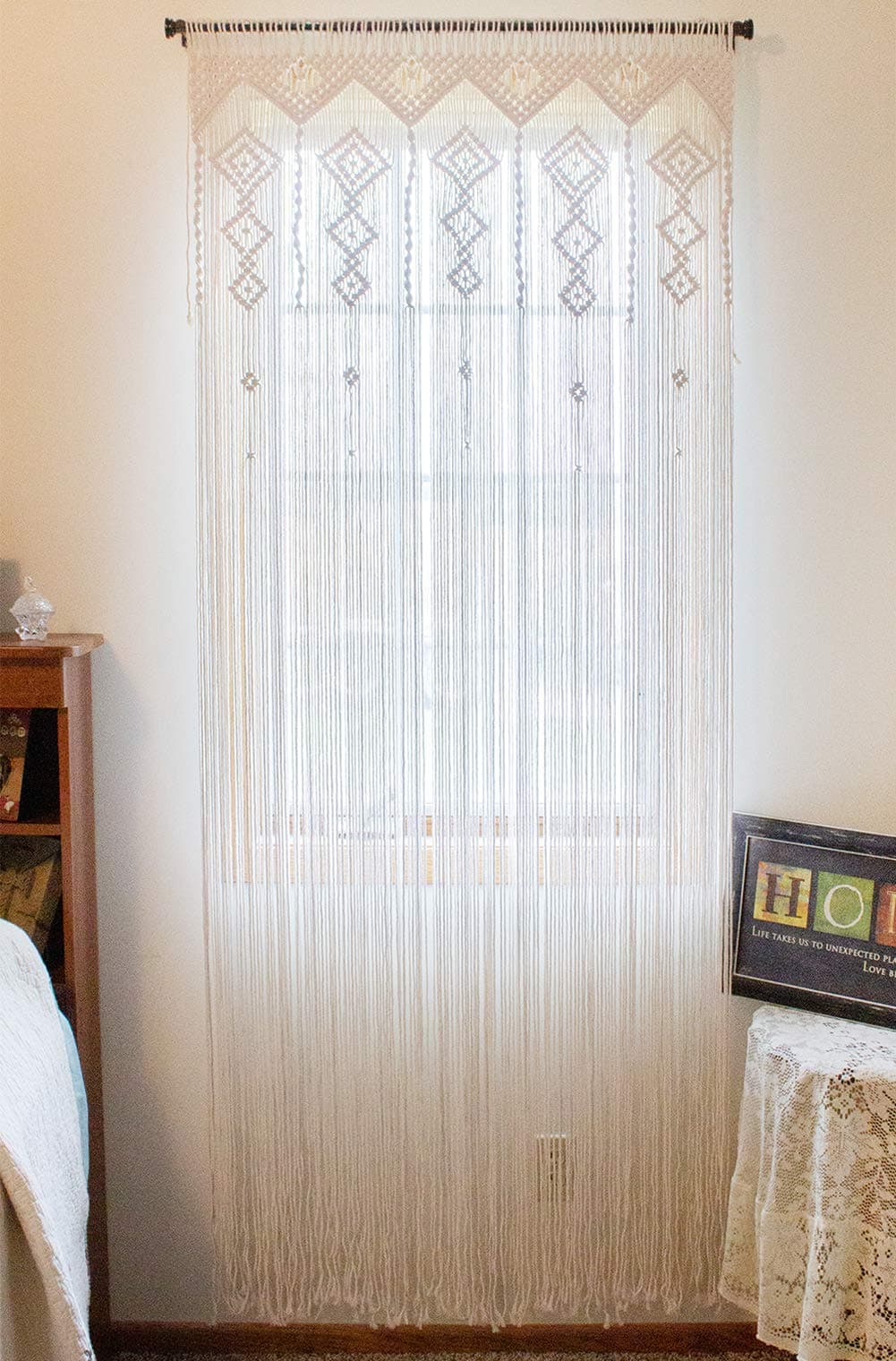 Macrame Crochet Curtain-Bohemian/Boho Decoration-Wall Tapestry-Party Accent-Moroccan Backdrop-Weddings/Parties-Hanging Divider-Kitchen, Nursery, Room Decor-Fringe-100% Handmade/Woven 35"Wx80"L (White)