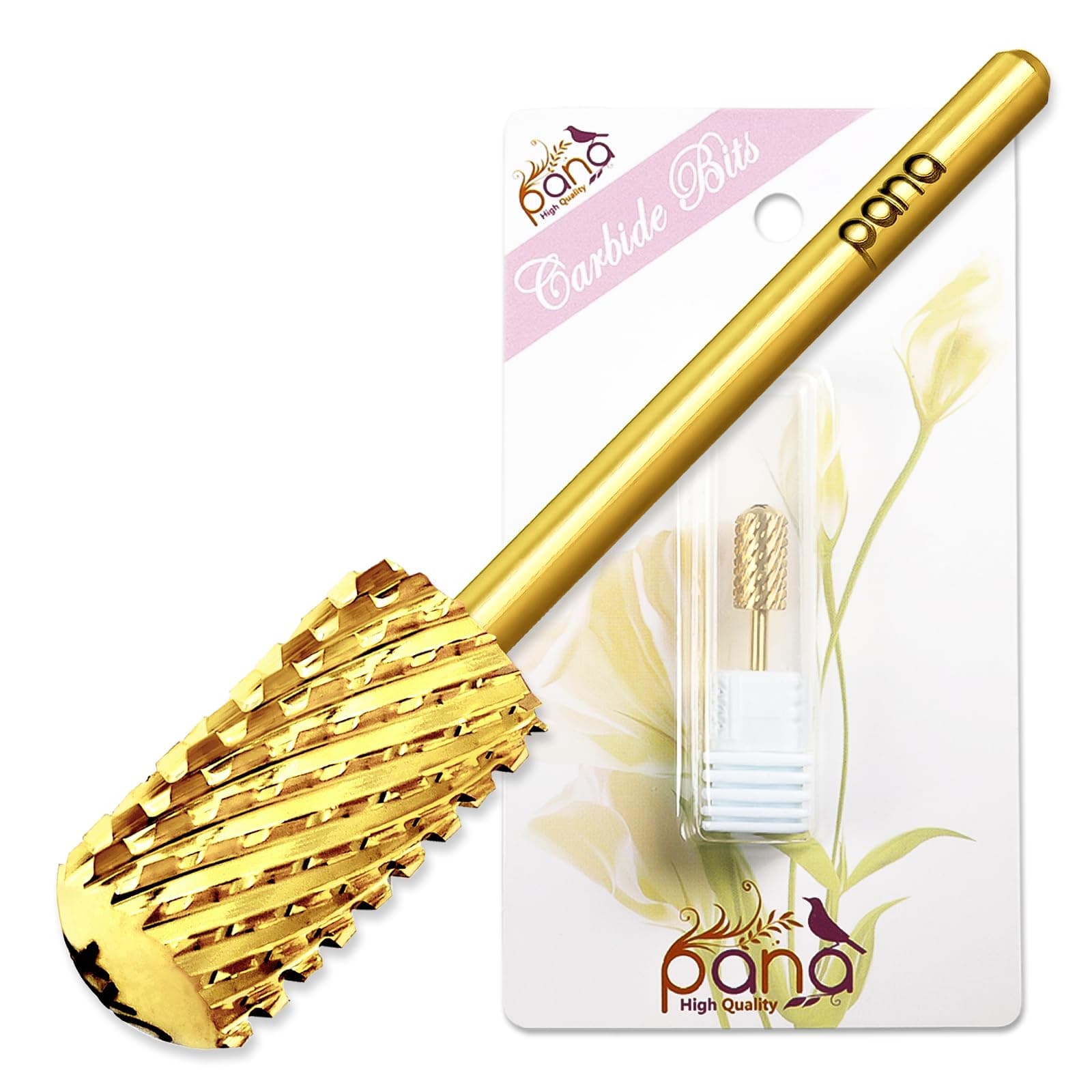 PANA 3/32" Large Smooth Round Top Safety Carbide Nail Drill Bit for Gel Polish & Acrylic Removal Nail Salon Manicure Pedicure Electric File Tools (Large Barrel - Gold, 2X Coarse)