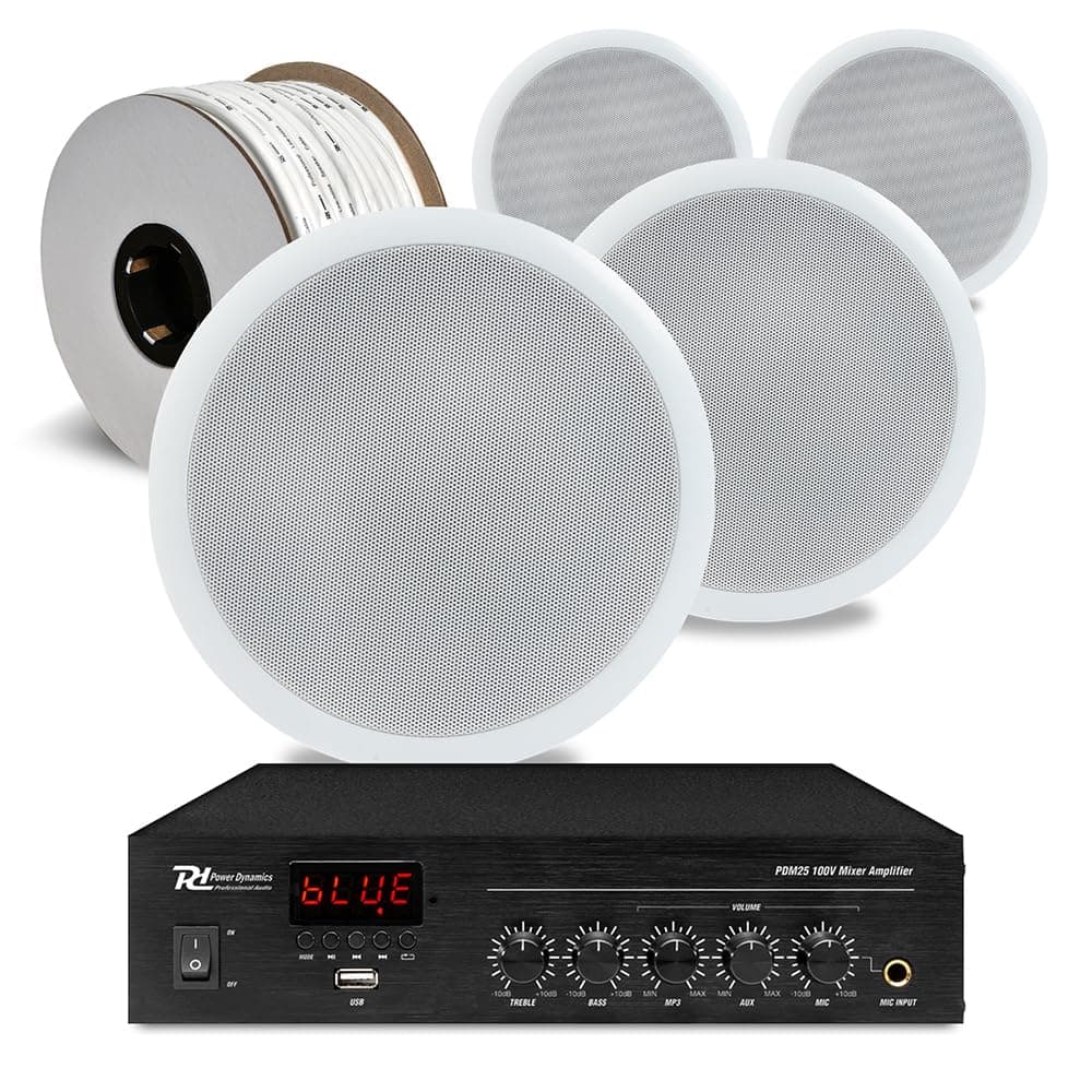 Power Dynamics 4x PD CSPB5 100V Line Ceiling Speaker Kit with Bluetooth PDM25 Amplifier, 50m Cable - Ideal 100V Line Speaker Sound System for Cafe or Small Office Music System