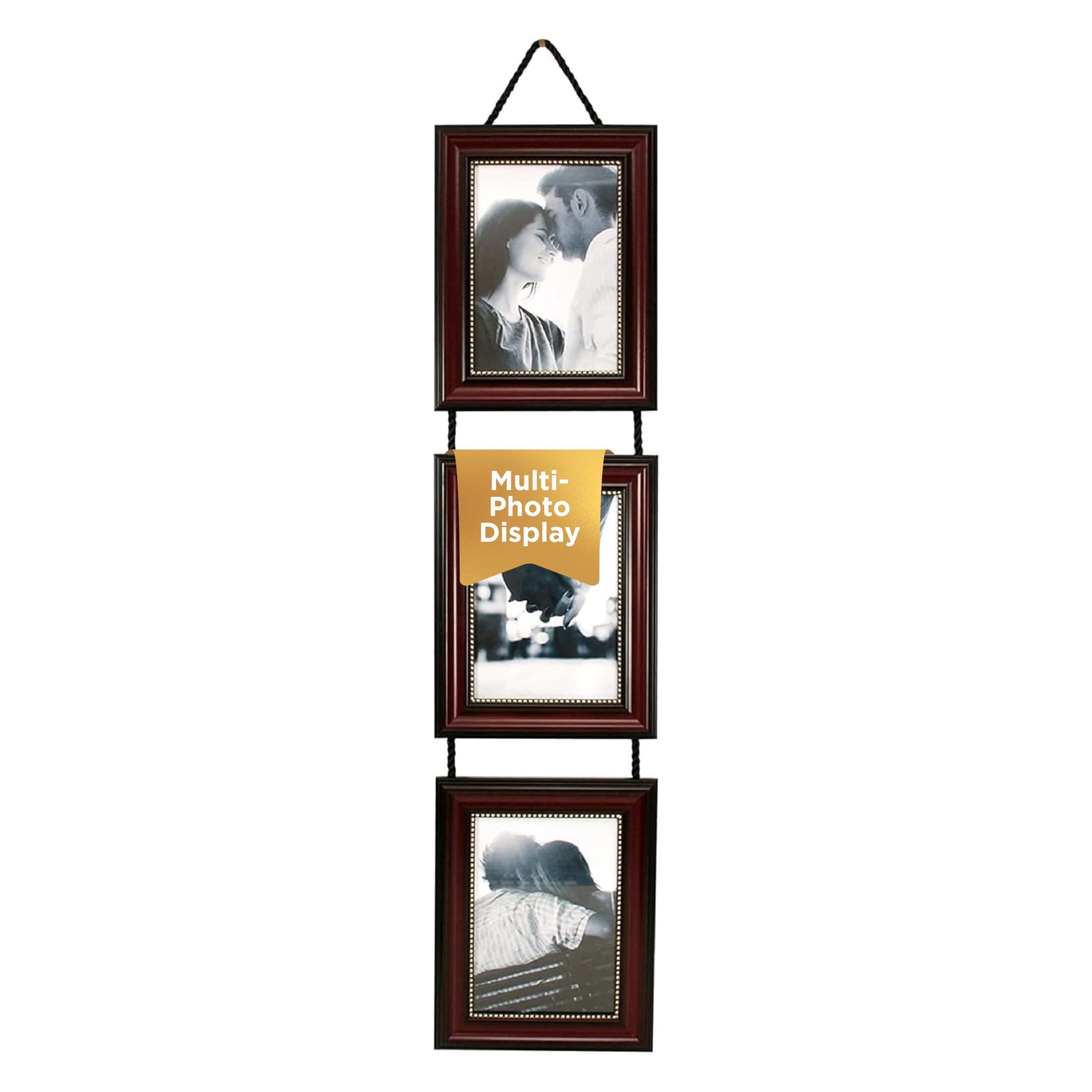Lucy Collage Frame, Holds 3 Vertical 5" x 7" Photos, Wall Mount Picture Frame with Hanging Rope, 7.25" x 9.25", Dark Brown