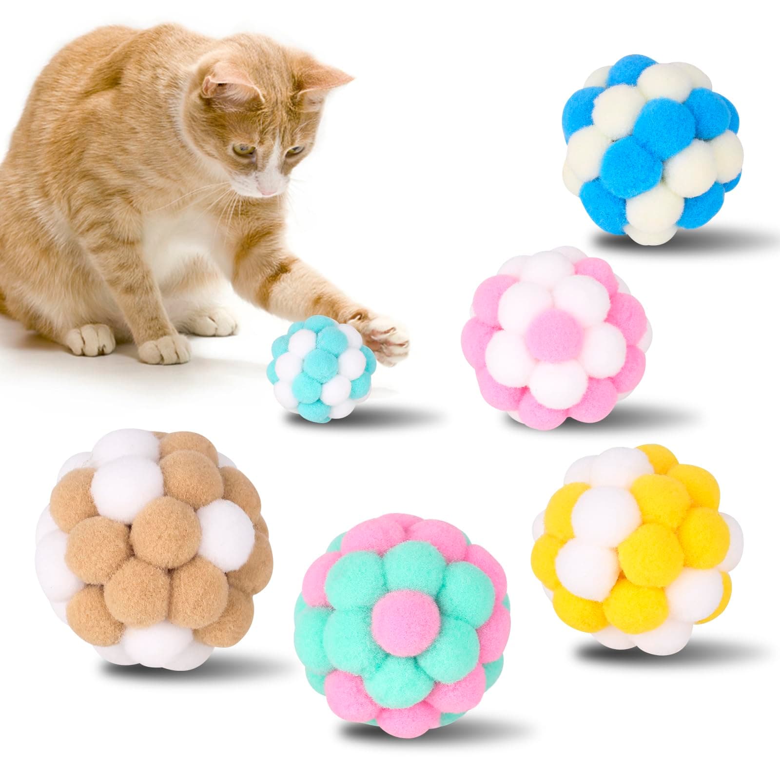 Colorful Interactive Pom Poms Cat Balls with Bells - 6 Pieces 5cm Soft Toys for Kitten Indoor and Outdoor Playing, Chewing, Scratching
