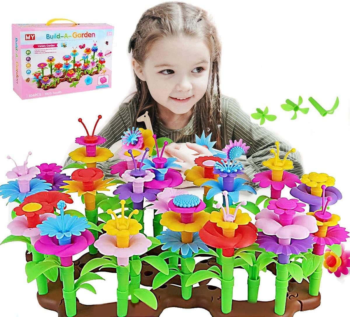 Flower Garden Building Toys, 104 PCS STEM Build a Bouquet Floral Arrangement Playset for Toddlers Kids Age 3, 4, 5, 6 Year Old, Build a Garden Pretending Toy, Educational Creative Play Garden Toys