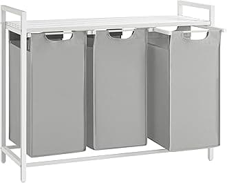 VASAGLE Laundry Hamper, Laundry Basket, Laundry Sorter with 3 Pull-Out and Removable Bags, Shelf, Metal Frame, 3 x 10.6 Gallons (40 L), 36.4 x 13 x 28.4 Inches, Dove Gray and Cloud White UBLH301W03