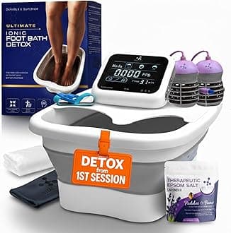 Ultimate Ionic Foot Bath Detox Machine - Foot Detox Machine for Spa Bath with Touch Display - Epsom Salt & Towel - Collapsible Soaking tub -2 Powerful Array- Ion Wristband-Tub Liners