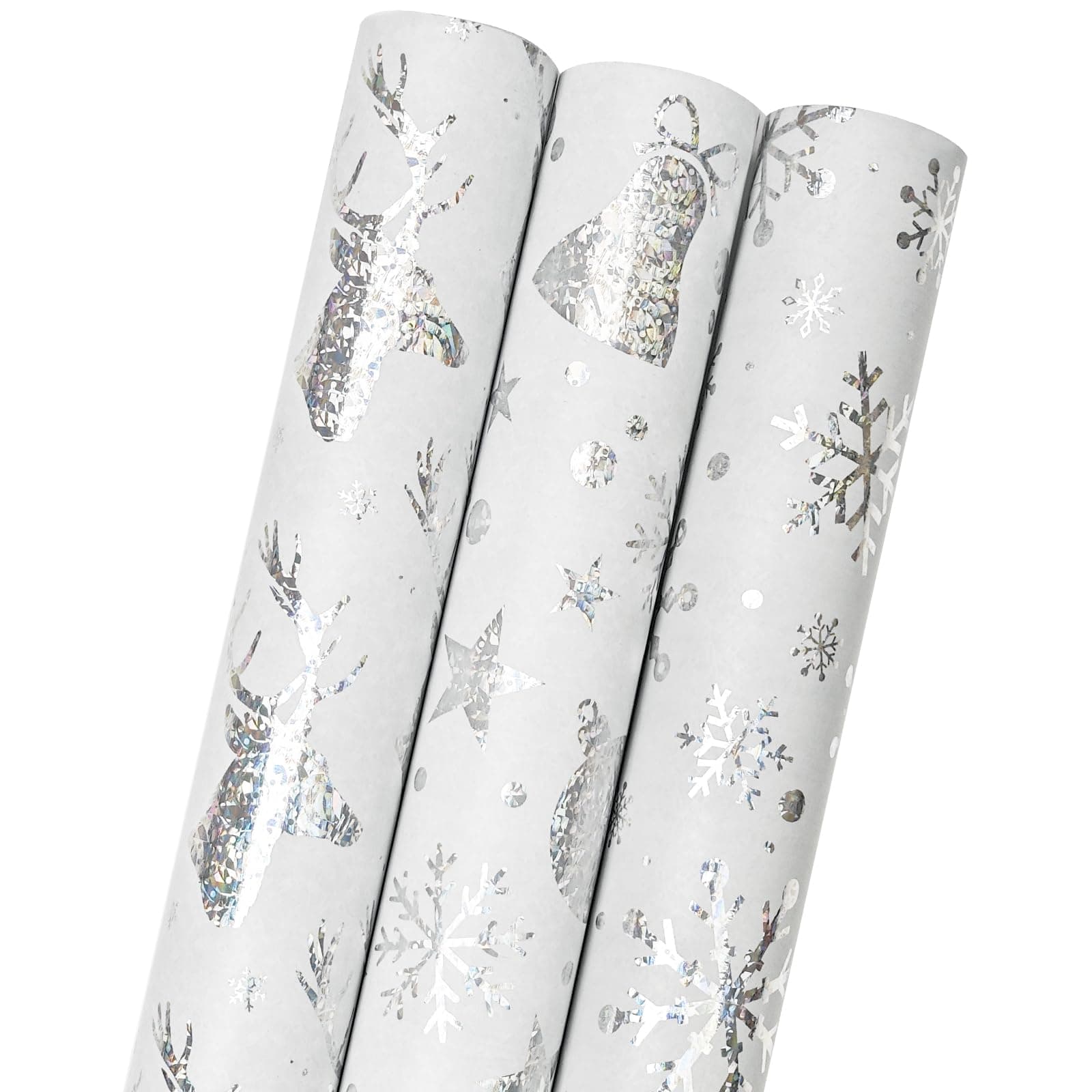 LDGOOAEL Mini Short Christmas Wrapping Paper Roll with Cut Lines on Reverse (17" X 120" Per Roll) - Metallic Silver foil for Holiday, Birthday